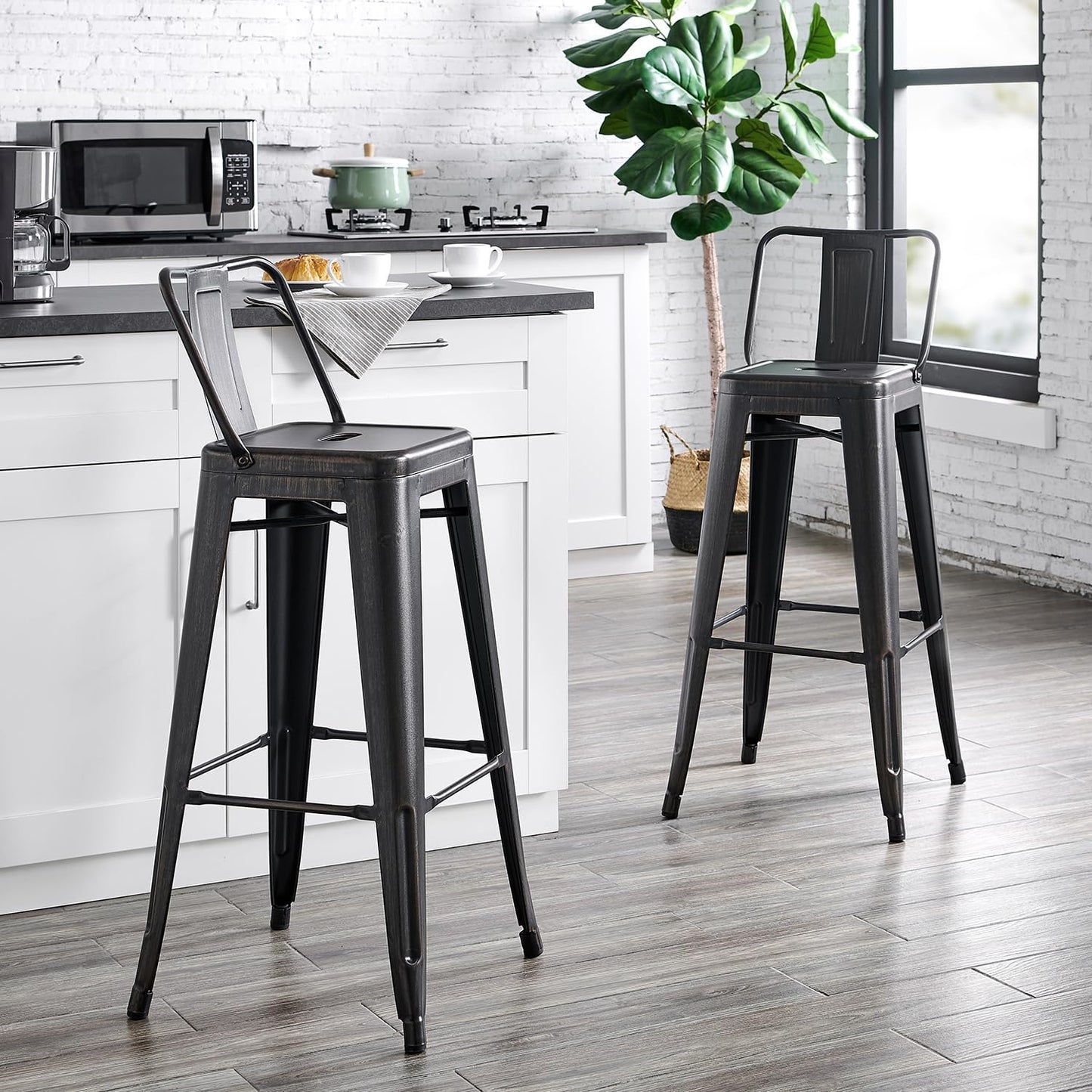 AC Pacific Modern 30” Metal Barstool Set of 2 – Country Rustic Style with Low Back, Lightweight & Sturdy Build, Easy Assembly, Distressed Black