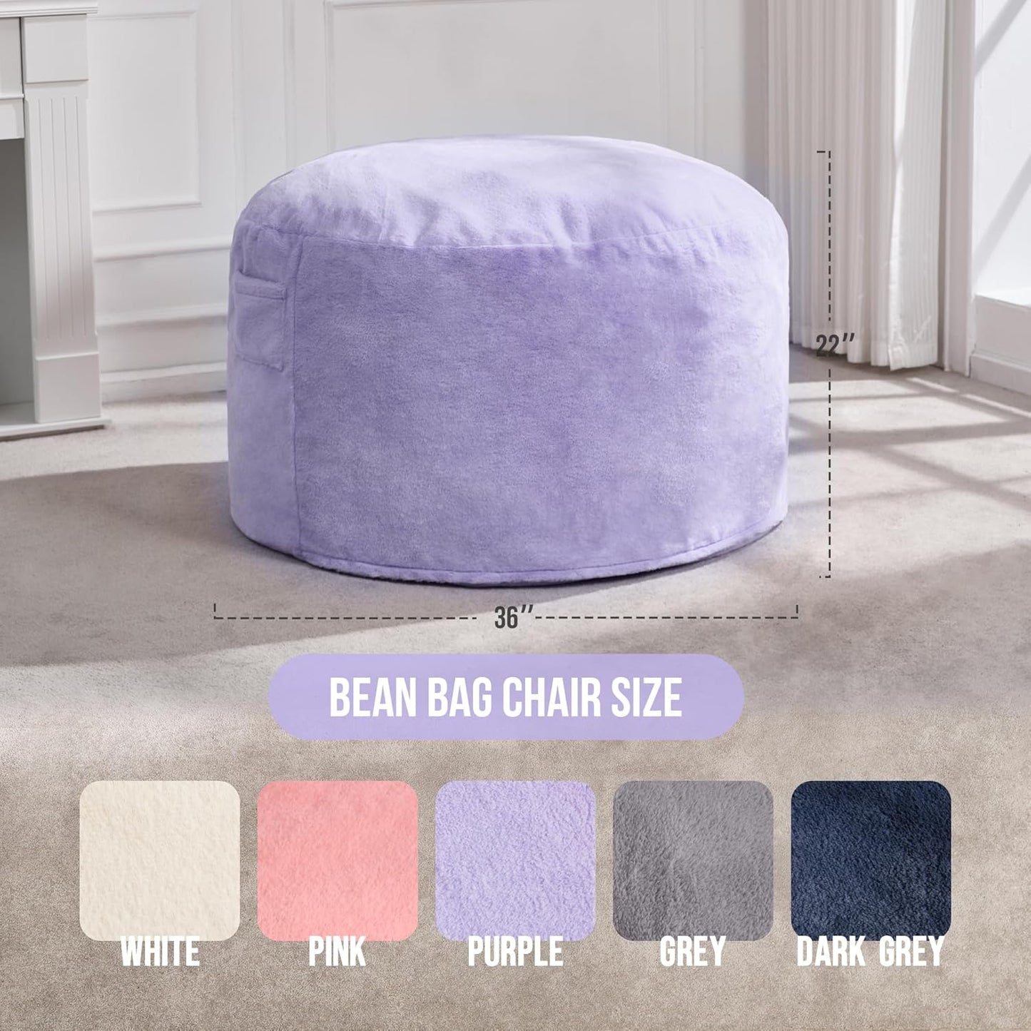 Hobestluk 3FT Bean Bag Chairs for Adults Large Beanbag Chair with Plush Faux Fur Cover Big Bean Bag Chair for Living Room Bedroom Dorm Office -Purple (36” x 36” x 22”)