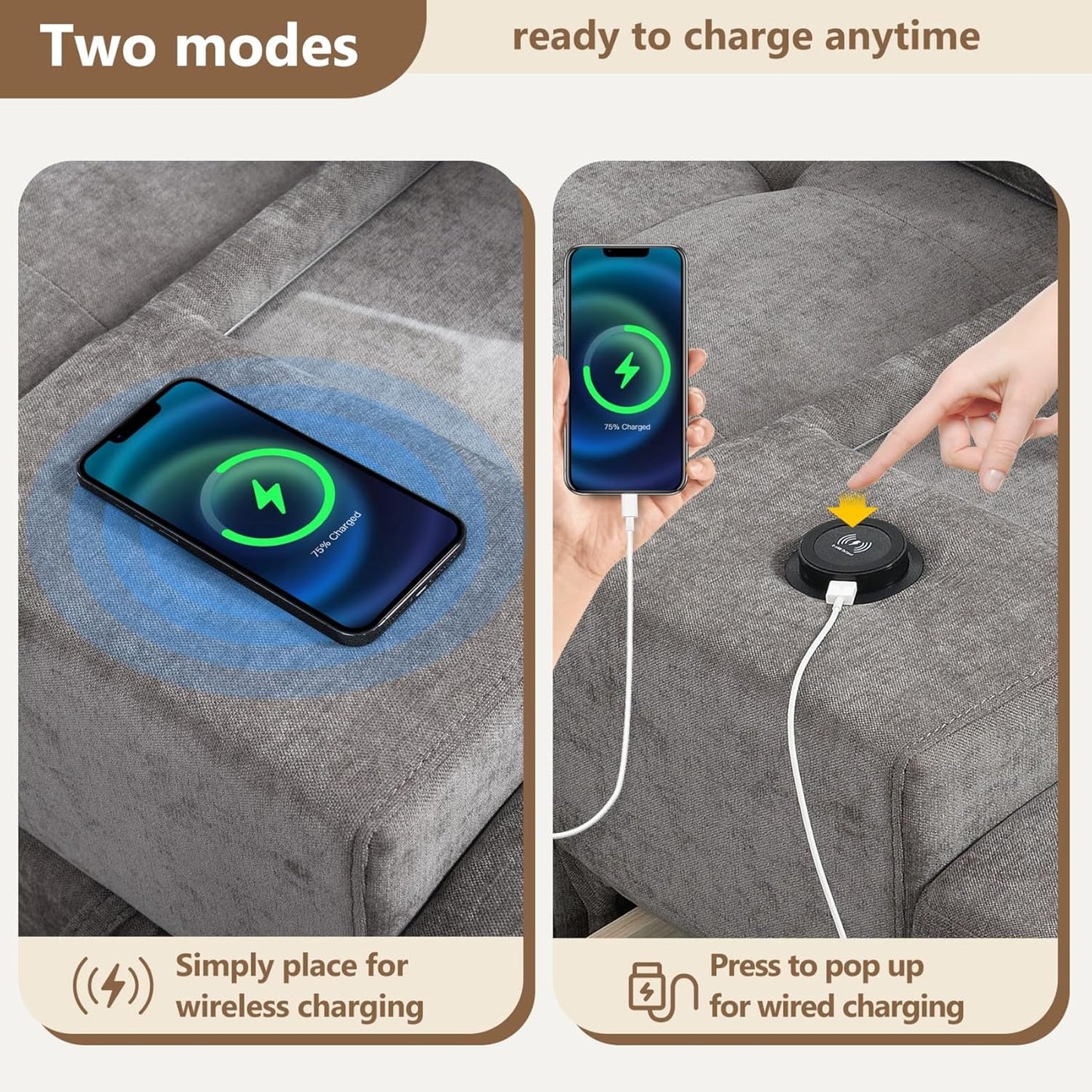 Merax 104 * 104" Chenille Sectional Couches with 2 Acrylic Consoles, Upholstered Modular Tufted Sofa Chaise with Ottoman, Storage Drawers, Pockets, USB Charger & Cup Holders for Living Room Apartment