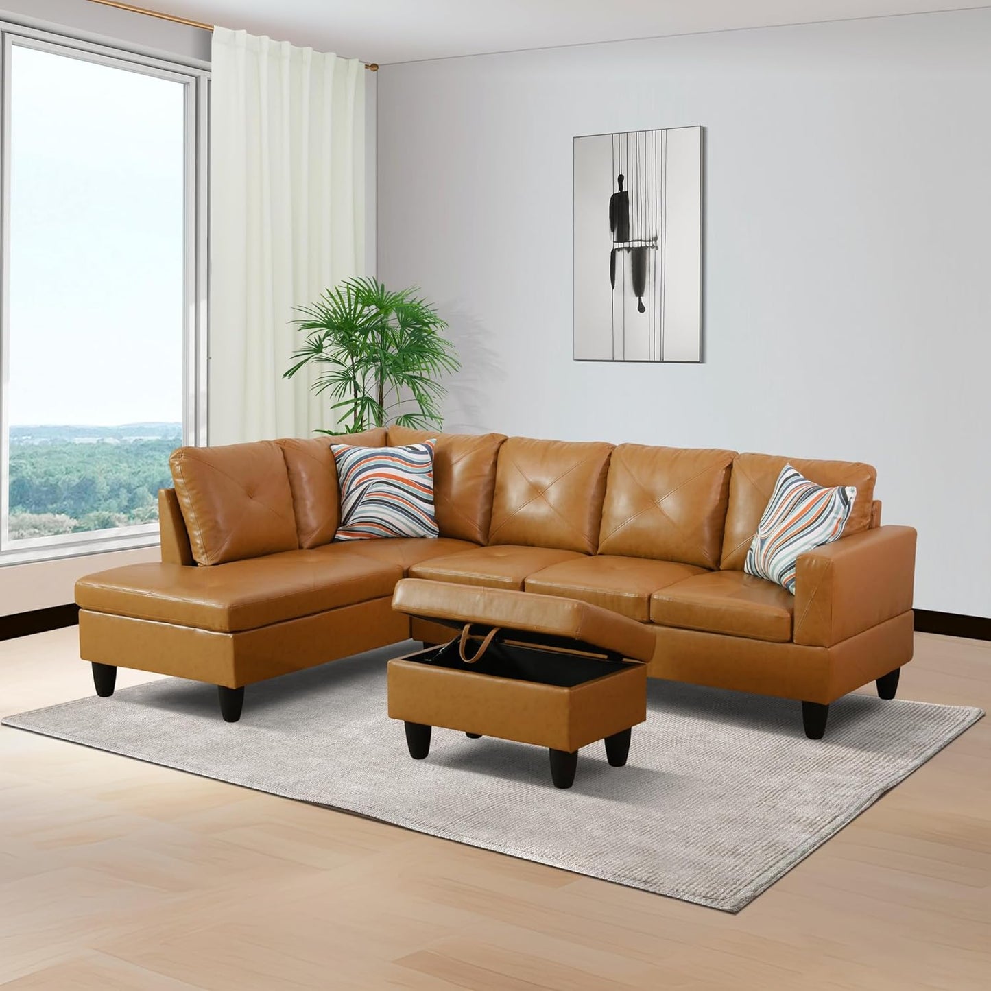 L-Shaped Sectional Sofa with Ottoman, Right-Facing Leather Modern Couch for Living Room, Bedroom, Office, Ginger Black