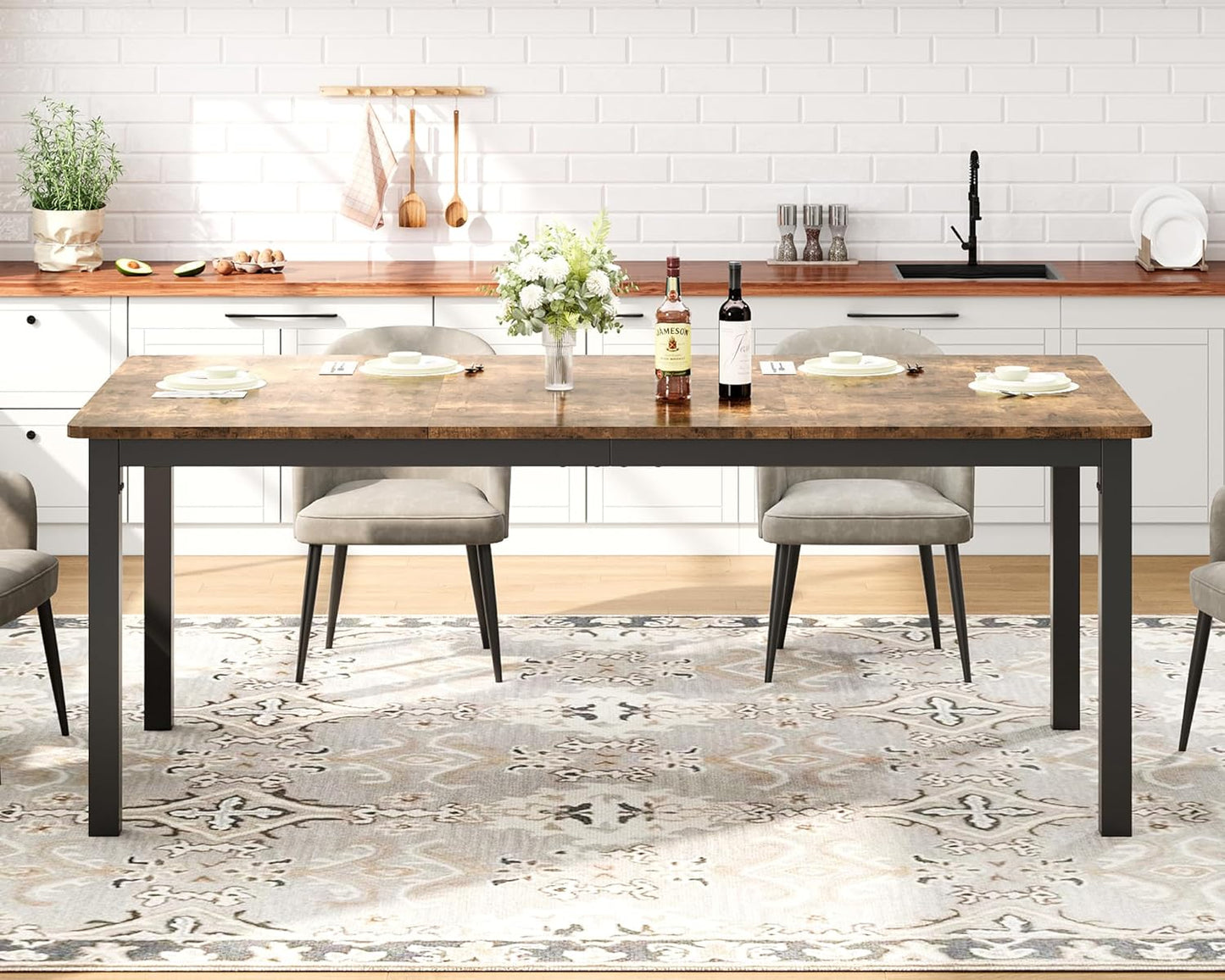 GarveeHome 70.8in Industrial Dining Table for 6, Wooden Long Dinner Table with Mortise Tenon Design, Kitchen Table with Sturdy Metal Legs, for Dining Room Home Office Living Room, Retro