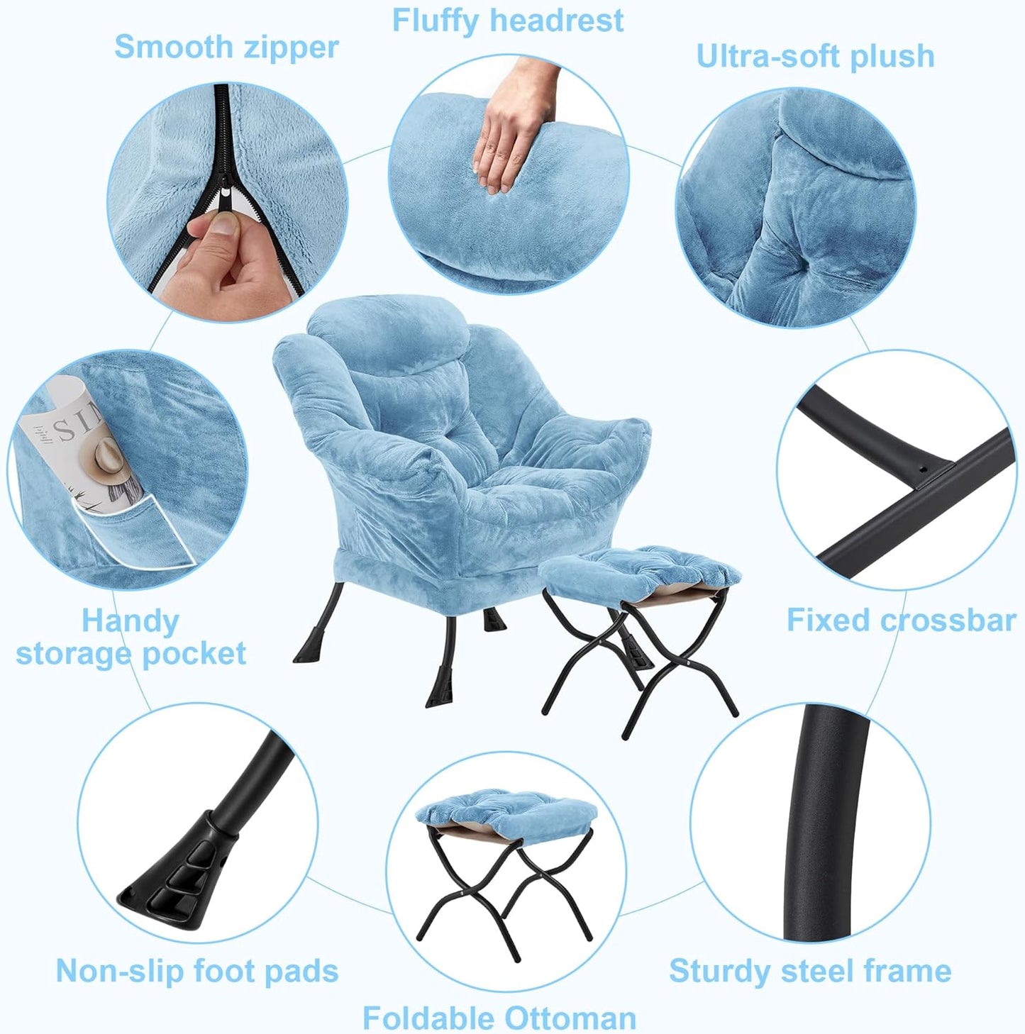 Fabric Lazy Chair with Ottoman, Oversized Upholstered Sofa Chair for Adults, Plush Comfy Lounge Chair with Large Side Storage Pocket, Reading Chair for Living Room, Bedroom, Study Room, Blue