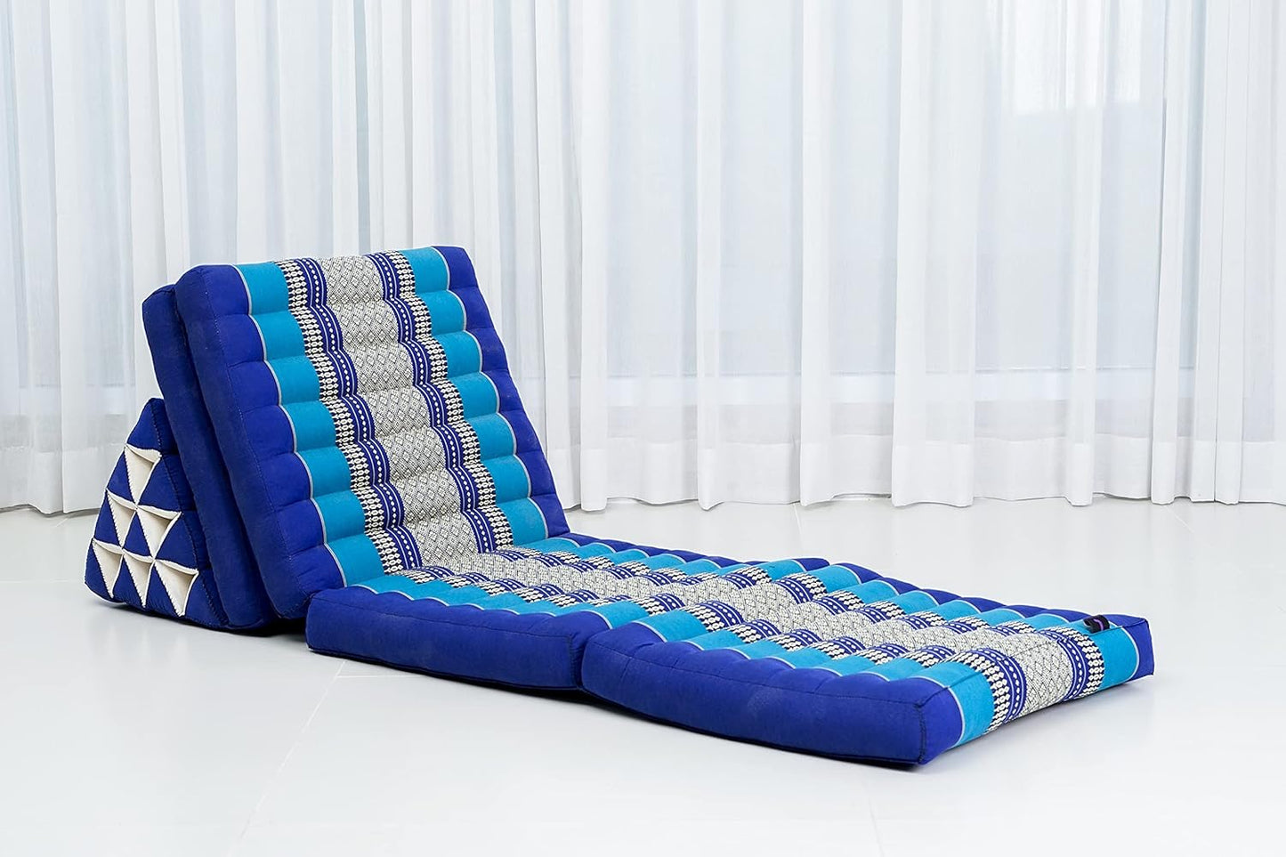 Leewadee Comfortable Japanese Floor Mattress - Thai Floor Bed with Triangle Cushion - Futon Mattress - XL Extra Long Thai Massage Mat, 89 x 20 inches, Blue, Kapok Filling