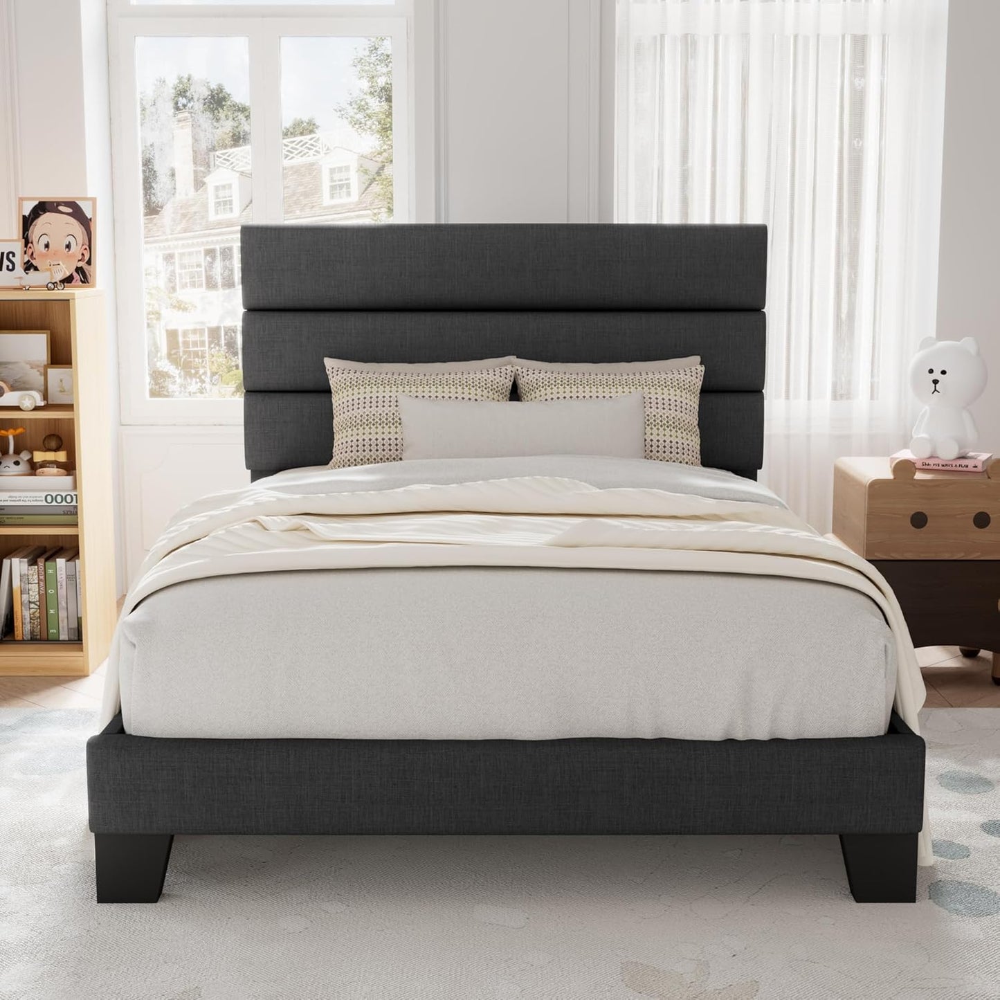 Allewie Twin Size Platform Bed Frame with Fabric Upholstered Headboard and Wooden Slats Support, Fully Upholstered Mattress Foundation/No Box Spring Needed/Easy Assembly, Dark Grey