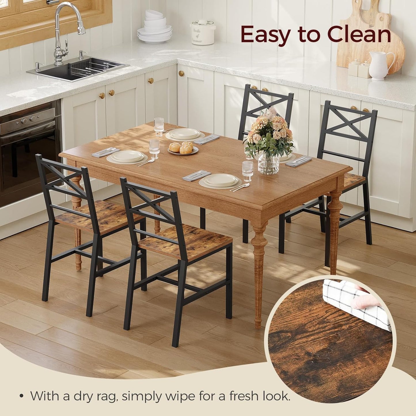 Dining Chair Set of 4, Rustic Wooden Kitchen Chairs with Backrest, Farmhouse Dining Chairs for Kitchen, Industrial Style Chair with Metal Frame, Easy Assembly, Rustic Brown TBHR1001S4