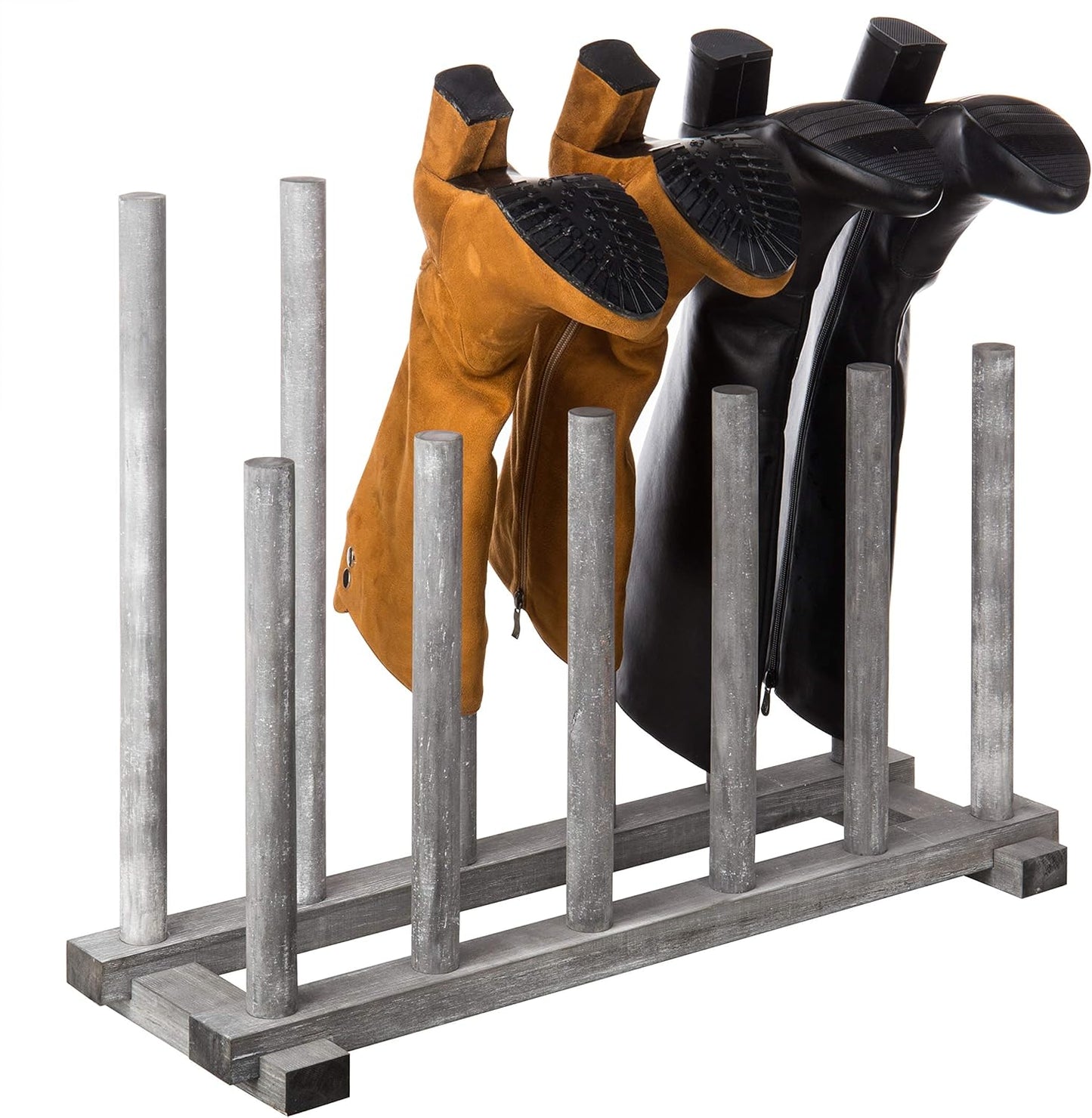MyGift Coastal Graywashed Solid Wood Floor Standing Boot Holder Rack, Wooden Entryway Shoe Storage Organizer Stand Holds 6 Pairs of Tall and Short Boots