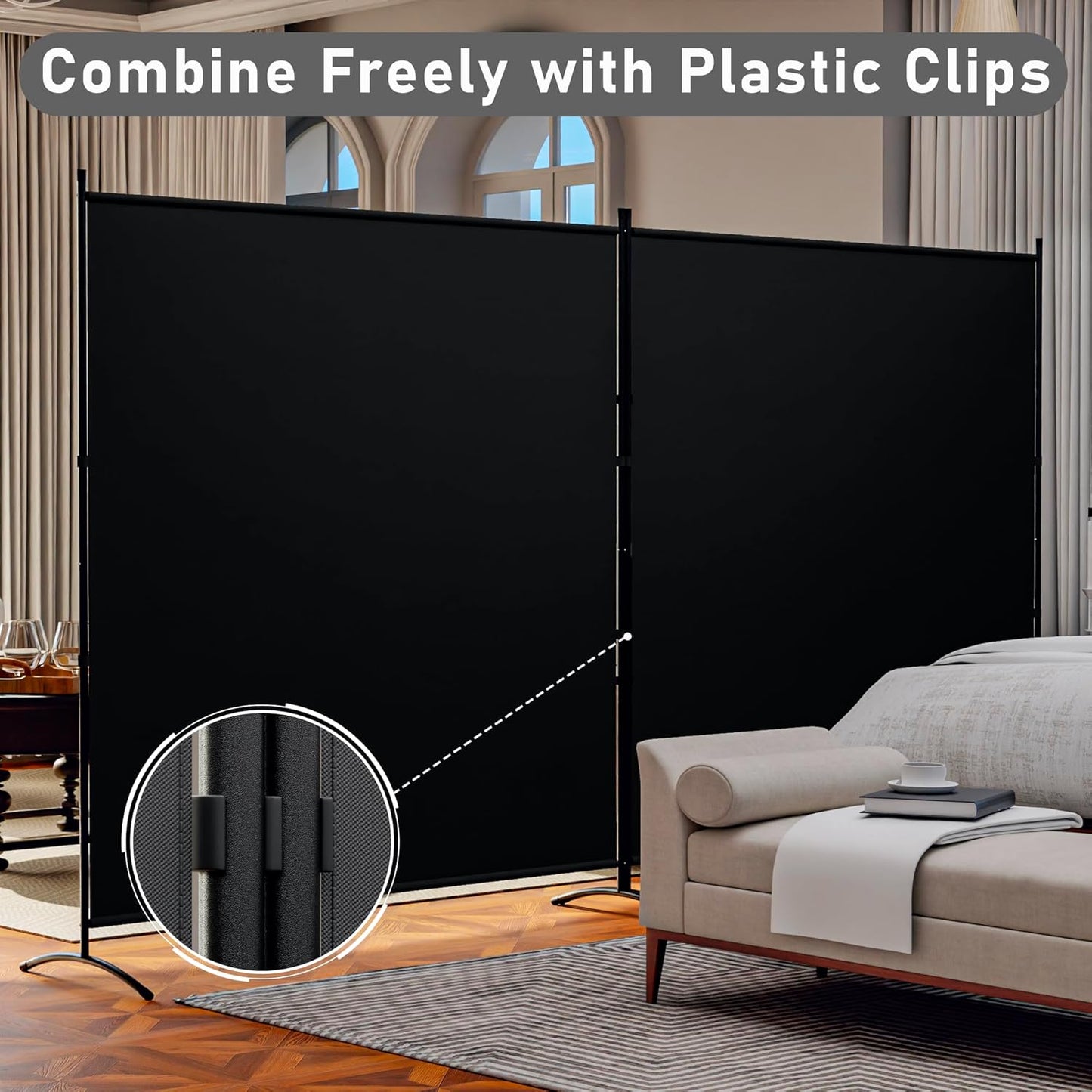 Room Divider 126''W x 71''H Large 2 Panel Privacy Screen for Room Partitions, Portable Room Divider Screen for Room Separtion, Freestanding Fabric Wall Divider for Office, School, Room Separator Black