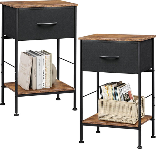 WLIVE Nightstand Set of 2, End Table with Fabric Storage Drawer and Open Wood Shelf, Bedside Furniture with Steel Frame, Side Table for Bedroom, Dorm, Black and Rustic Brown, 25.03" Height