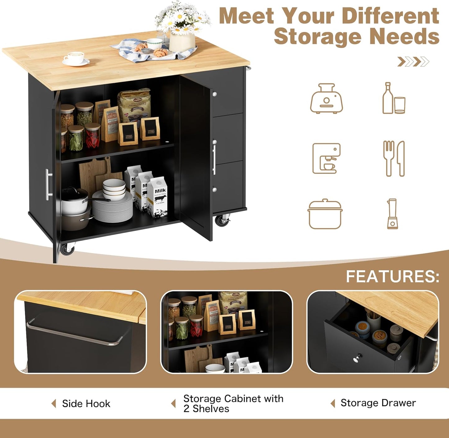 Shintenchi Kitchen Island with Folding Drop Leaf, Rolling Island Table with Storage, Kitchen Cabinet on Wheels with Seating Area for Kitchen, Bar Cart with Cabinet, Black