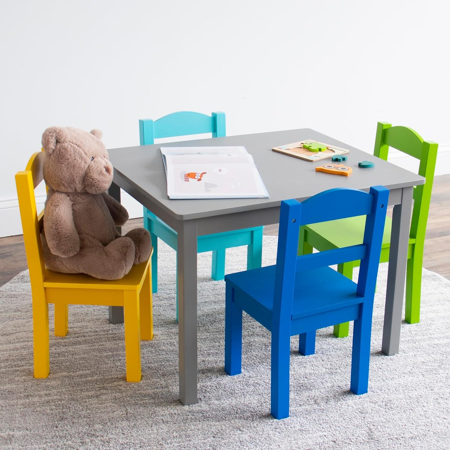 Humble Crew Kids Wooden Table and 4 Chairs Set, Grey/Blue/Green/Yellow - Kids Table and Chair Set for Toddlers and Children for Arts, Crafts, and Snack Time - Sturdy, Durable Toddler Activity Table
