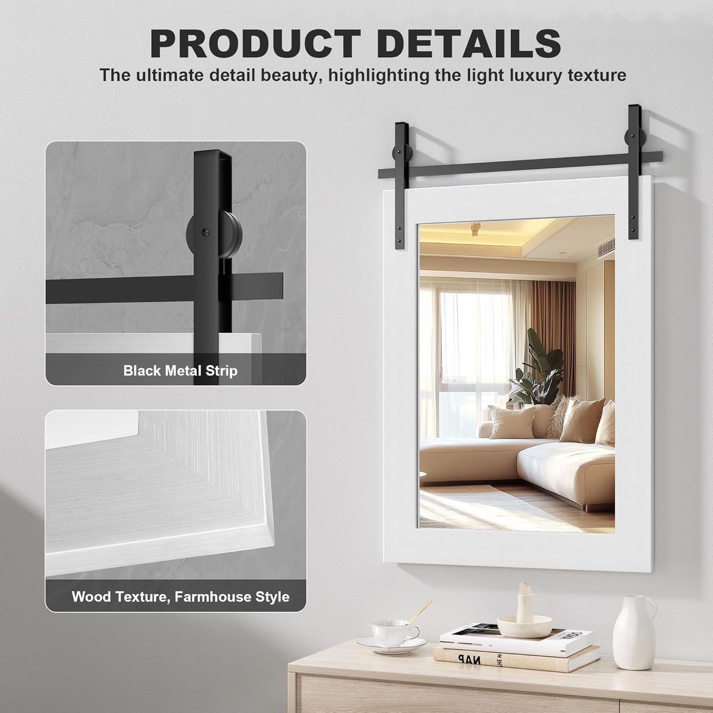 Hasipu Farmhouse Bathroom Mirror, 40"x26" Rustic Wood Framed Wall Mounted Mirror, White Vintage Vanity Mirror Barn Door Style Decrative Mirrors