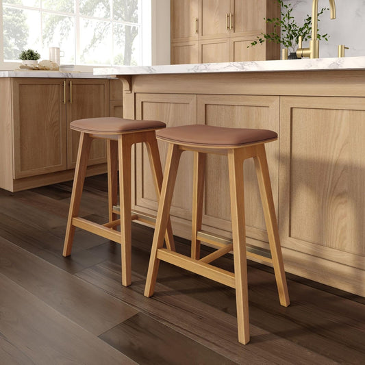 Plank+Beam Beryl Counter Height Stool - Mid-Century Modern Rubberwood Bar Stool with Faux Leather Seat, Metal Footrest, Easy Assembly, 2-Pack, Pecan/Toffee