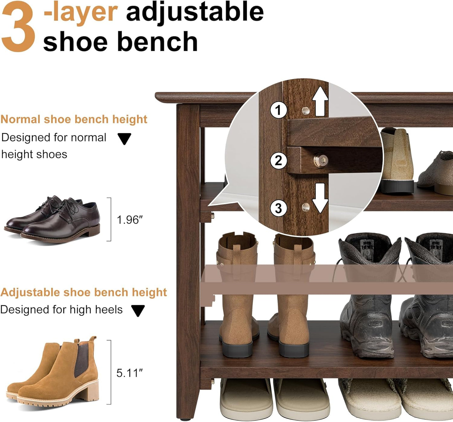 Wooden Storage Shoe Bench, Entryway Bench with 3-Tiers Height Adjustable, Shoe Rack Front Doors Entrances for Hallway Living Room,Mudrooms (Brown,25.6")