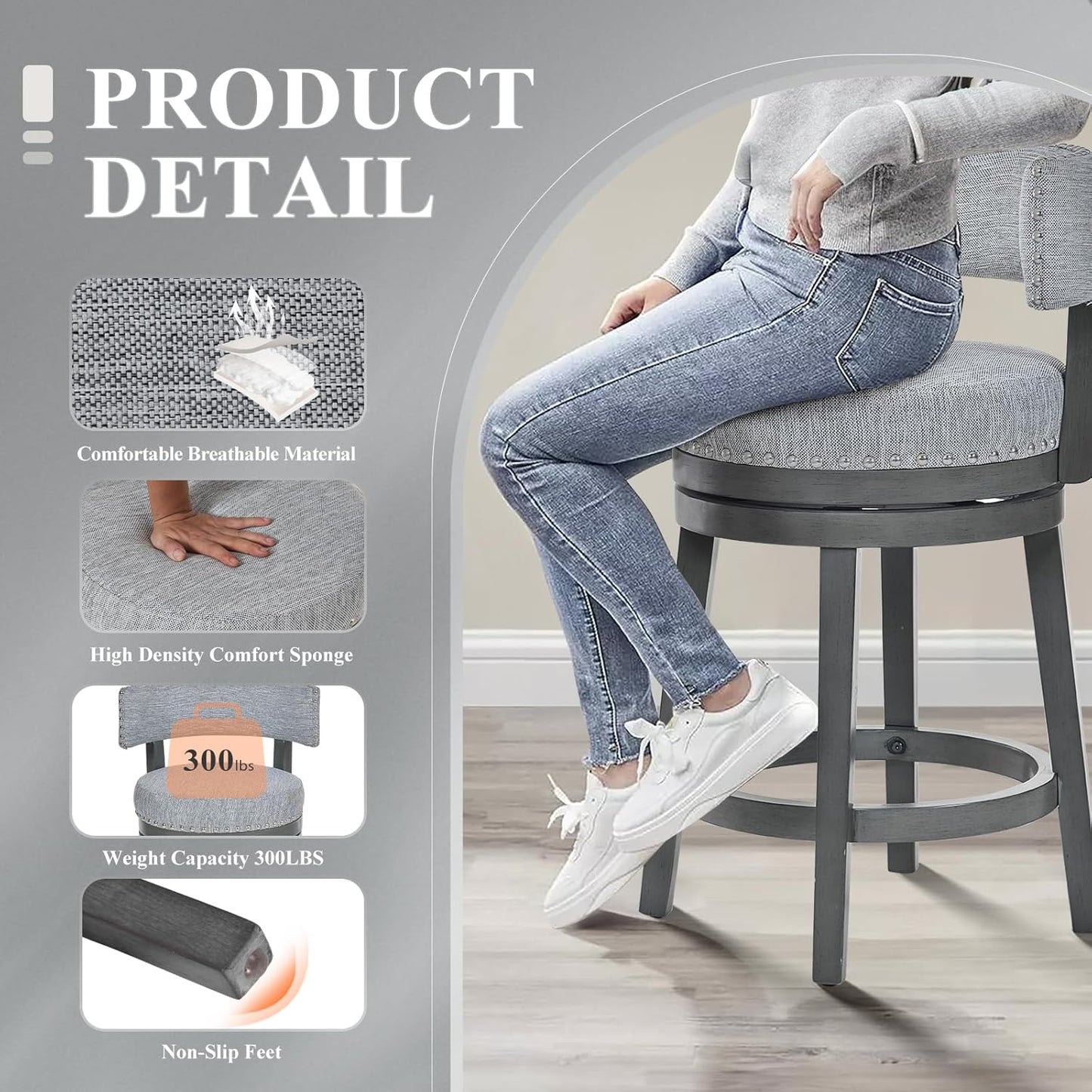 COLAMY Swivel Bar Stool Set of 2, Modern Swivel Barstool with Back, Counter Height Bar Stools, 25 Inch Upholstered Wood Barstool for Kitchen Island Dining Room Bar, Grey