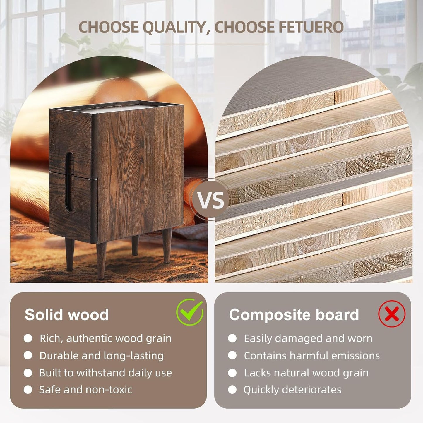 Solid Wood Bedside Table Nightstands, Slim Narrow Oak Real Wooden Mid-Century Modern End Table with Drawers Luxury Side Table Durable Cabinet Organizer Furniture, Walnut Color 7.87in Wide