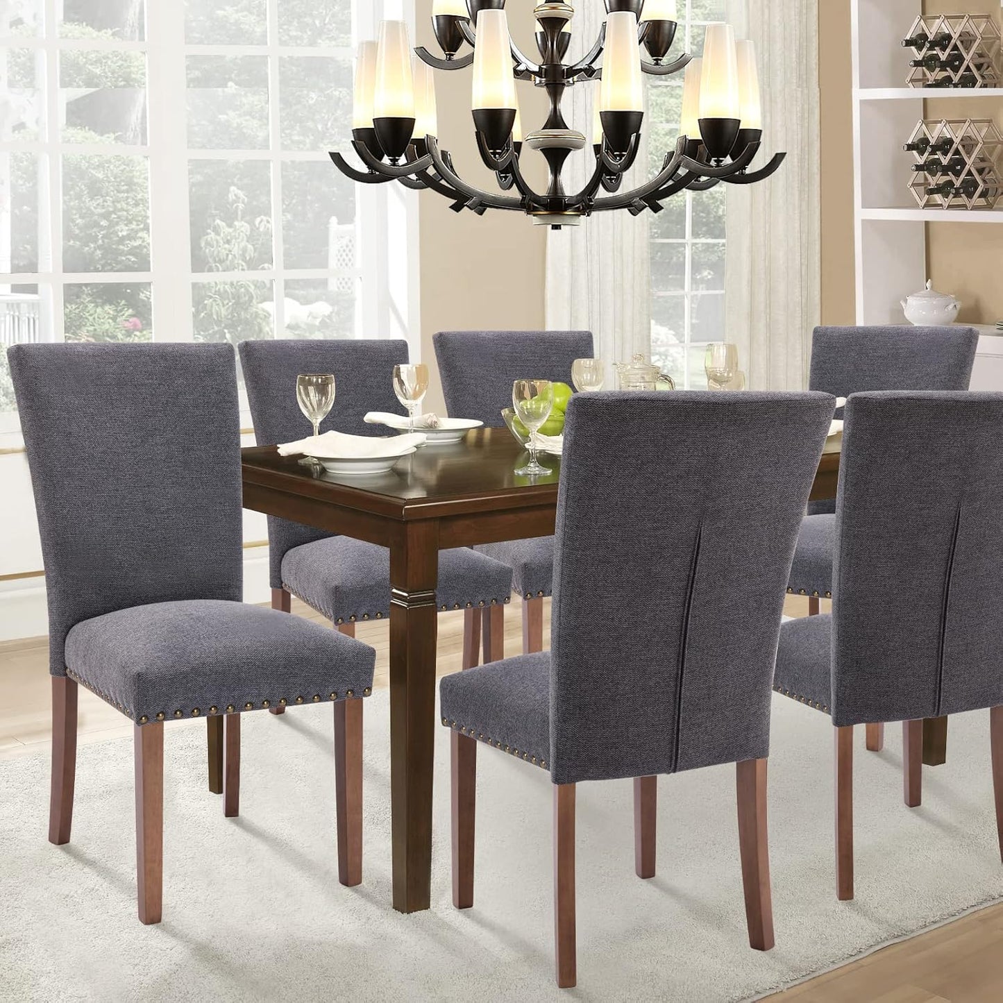 Parsons Dining Chairs Set of 6, Upholstered Nailhead Dining Room Kitchen Side Chair with Thick Cushions and Wood Legs, Dark Grey