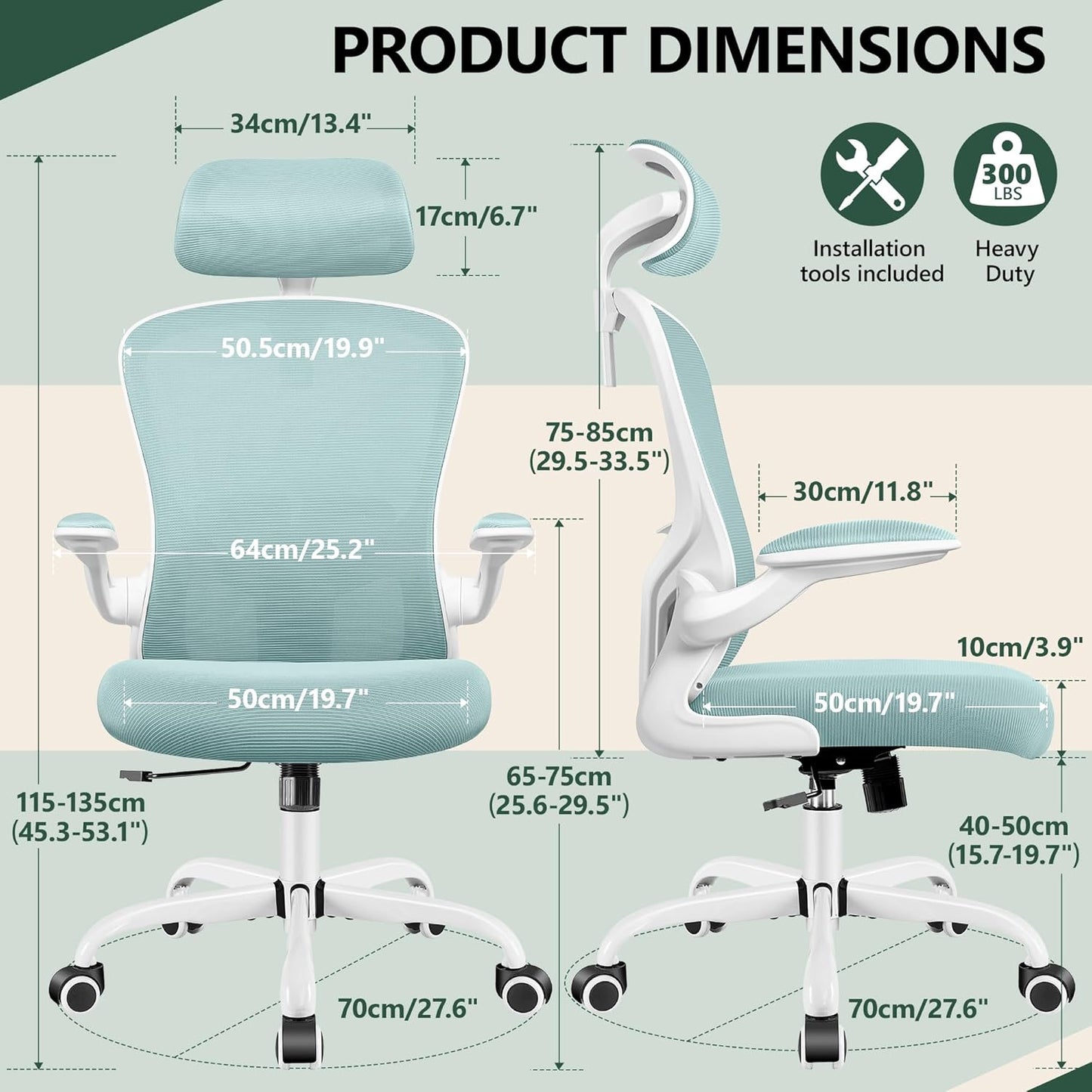 FelixKing Ergonomic Office Chair with Adjustable High Back, Breathable Mesh, Lumbar Support, Flip-up Armrests, Executive Rolling Swivel Comfy Task Computer Chair for Home Office (Light Blue)