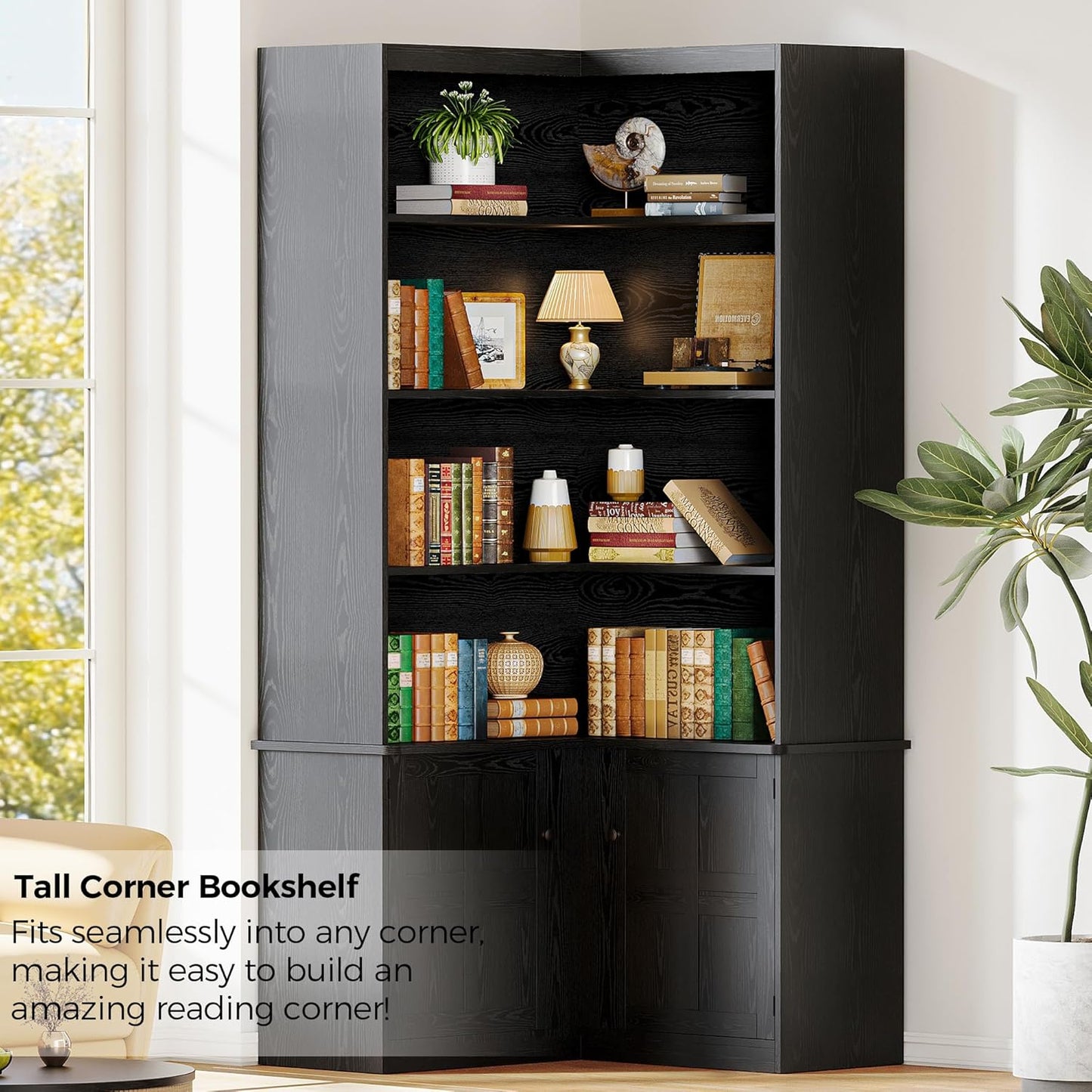 IRONCK Corner Bookshelf with Doors, 6 Tier Bookcase with Storage, Corner Shelf with Cabinet, Large Tall Bookshelf for Living Room, Home Office, Bedroom,Black