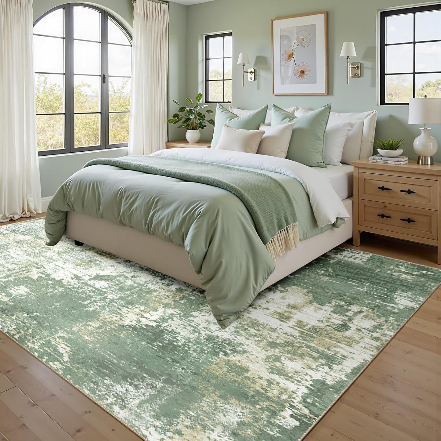 Washable Area Rugs 9'x12' Non-Slip Modern Abstract Soft for Living Room Entryway Bedroom Nursery, Print Pattern, Light Green/Yellow