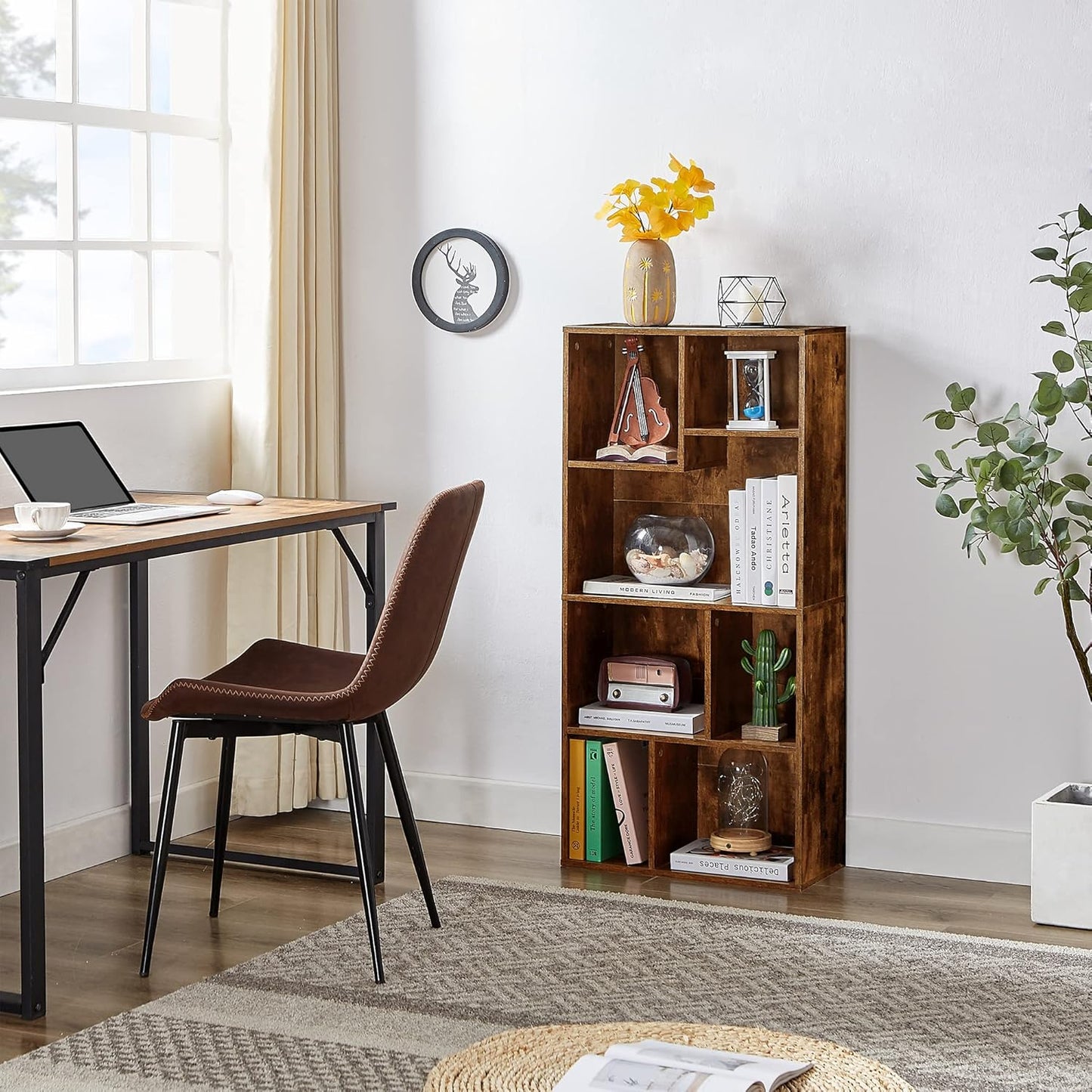VECELO 42" Modern Bookshelf, 7 Cube Organizer Bookcase,Fits Tallest Hardcovers, Horizontal Available,Floor Standing Display,Easy Assembly, Vintage Brown