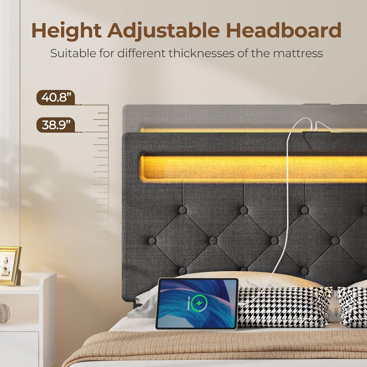 Rolanstar Full Size Bed Frame with 4 Storage Drawers and Charging Station, Full Bed with Led Lights, 2 USB & 1 Type C, Adjustable Headboard 38.9/40.9 Inches, No Box Spring Needed, Grey