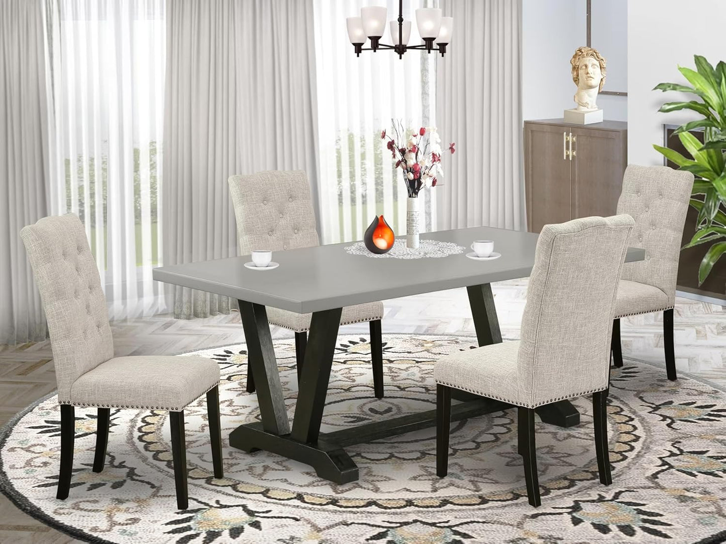 East West Furniture V697EL635-5 5 Piece Modern Dining Table Set Includes a Rectangle Wooden Table with V-Legs and 4 Doeskin Linen Fabric Parsons Dining Chairs, 40x72 Inch, Multi-Color