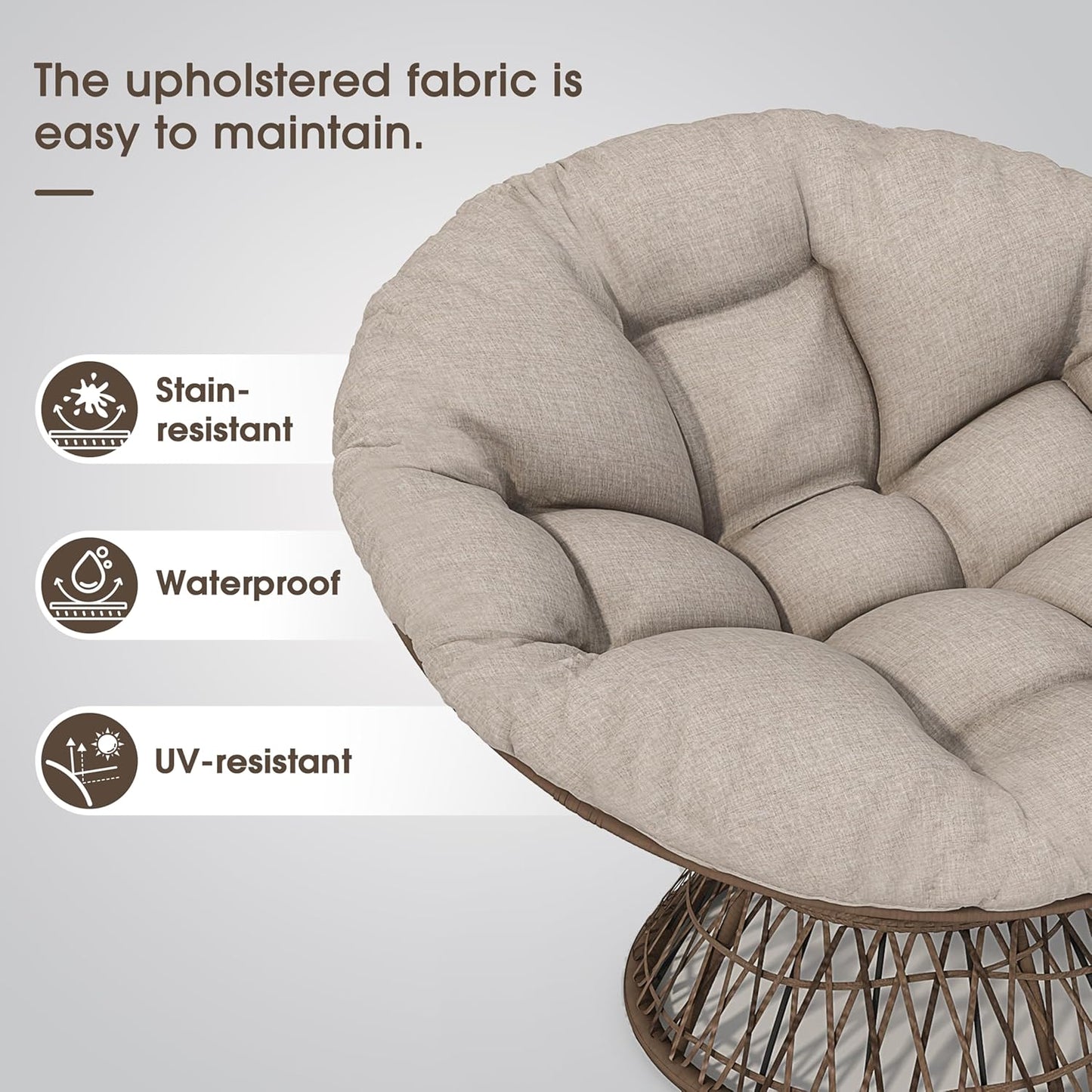 Ball & Cast Ergonomic Wicker Chair with Cloud Thick Density Fabric Cushion,Accent Chair W/ 360 Degree Swivel,Sturdy Metal Frame,Height Adjustable,for Reading,Living Room Bedroom,Lounge,Brown+Beige