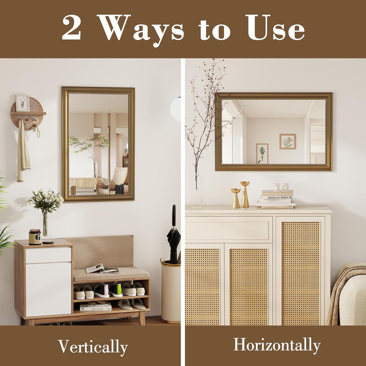 Axeman 32x48 Rectangular Wall Mirror, Decorative Bathroom Mirror, Traditional Vintage Wall Mounted Mirror with Beaded Frame for Accent Living Room Vanity Bedroom Entryway, Gold