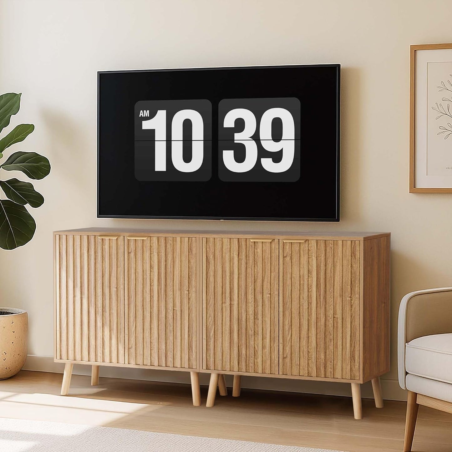 Pamapic Fluted Storage Cabinet, Sideboard Buffet Cabinet with Storage, Wood Credenza with Adjustable Shelves, Modern Accent Cabinet for Living Room, Kitchen, Entryway, Natural(2, Oak)