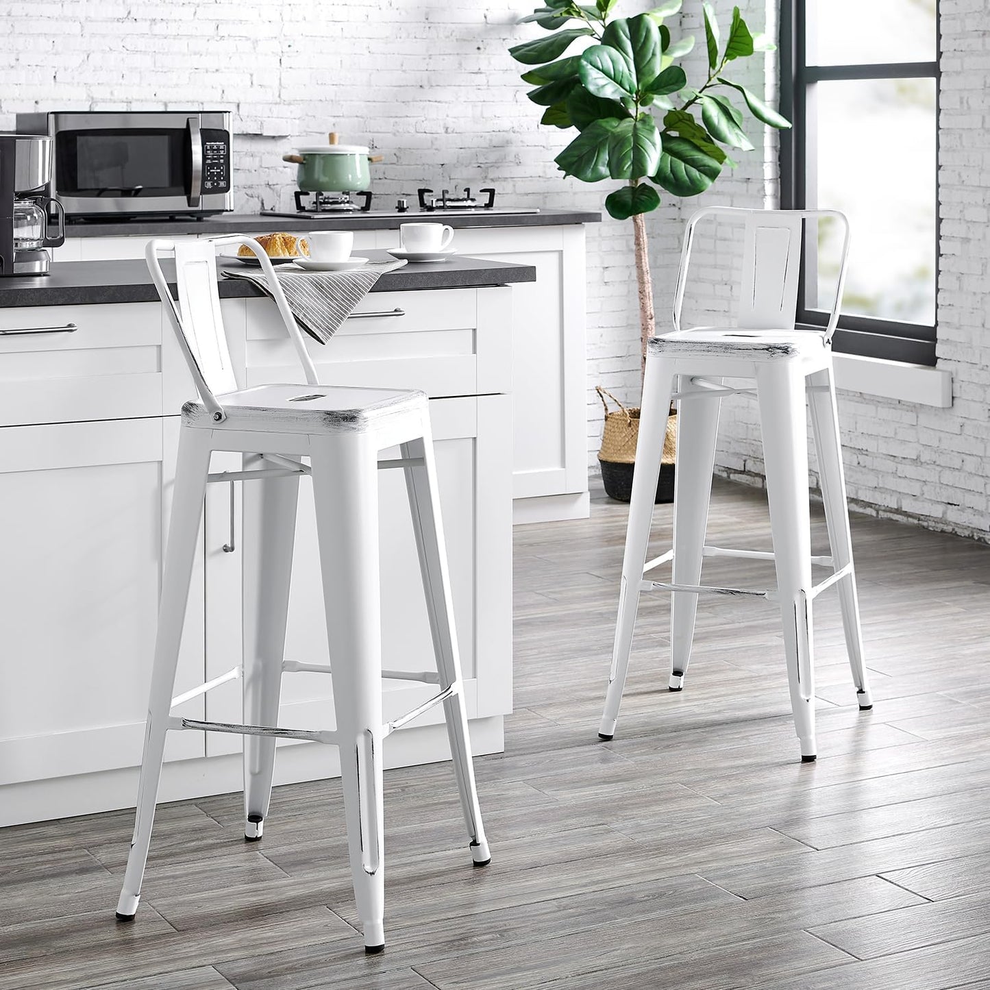 AC Pacific Modern Metal Barstool Set of 2 – Country Rustic Style with Low Back, Lightweight & Sturdy Build, Easy Assembly –, 30" Seat, Distressed White