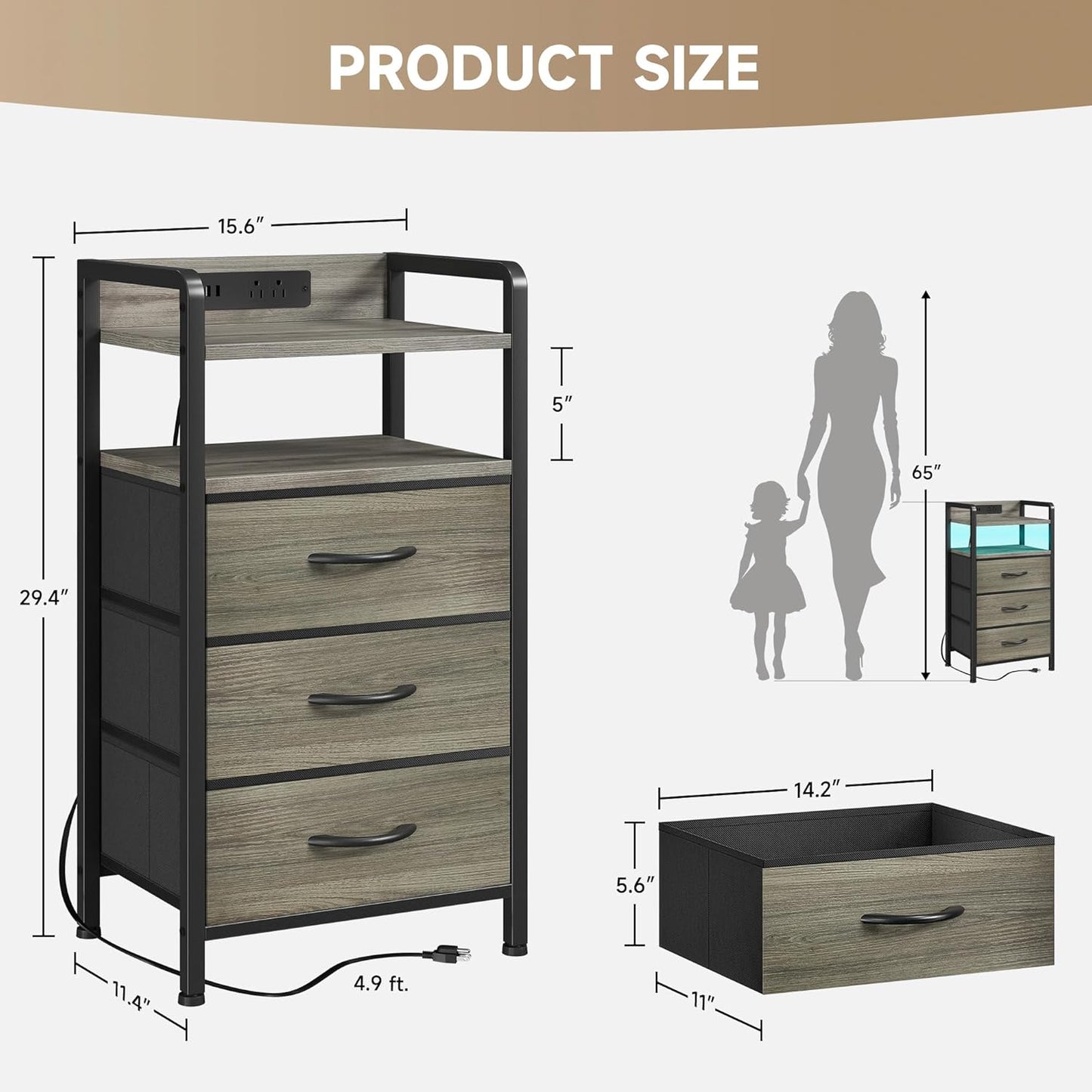 Night Stand with Charger Station - Grey Nightstand with LED Light Strip, Morden Bedside Table with USB Ports & AC Outlets, End Table with Storage Shelf & 3 Fabric Drawers