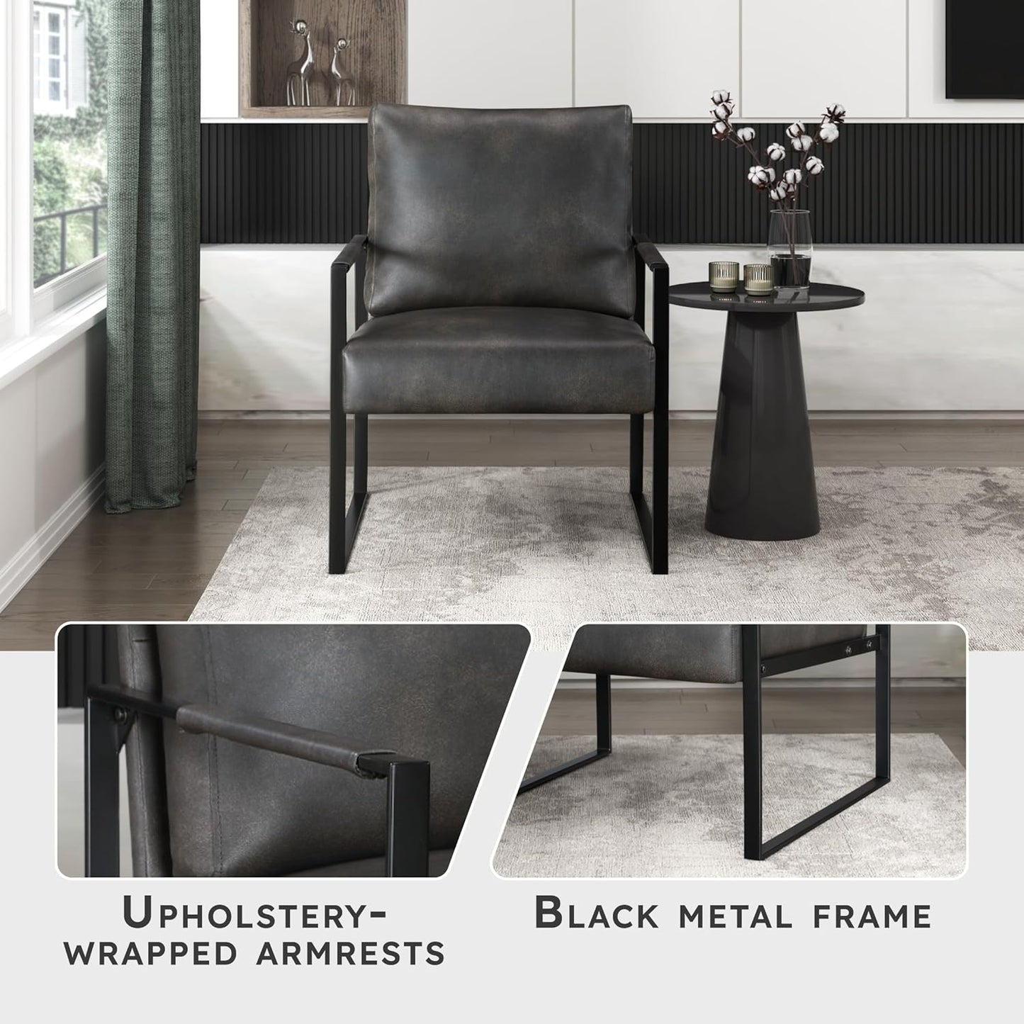 Lexicon Modern Accent Chair, Faux Leather Upholstered Living Room Chair With Wrapped Armrests, Arm Chair With Black Metal Frame,Comfy Single Chair For Living Room/Bedroom/Reading Room/Office,Dark Grey