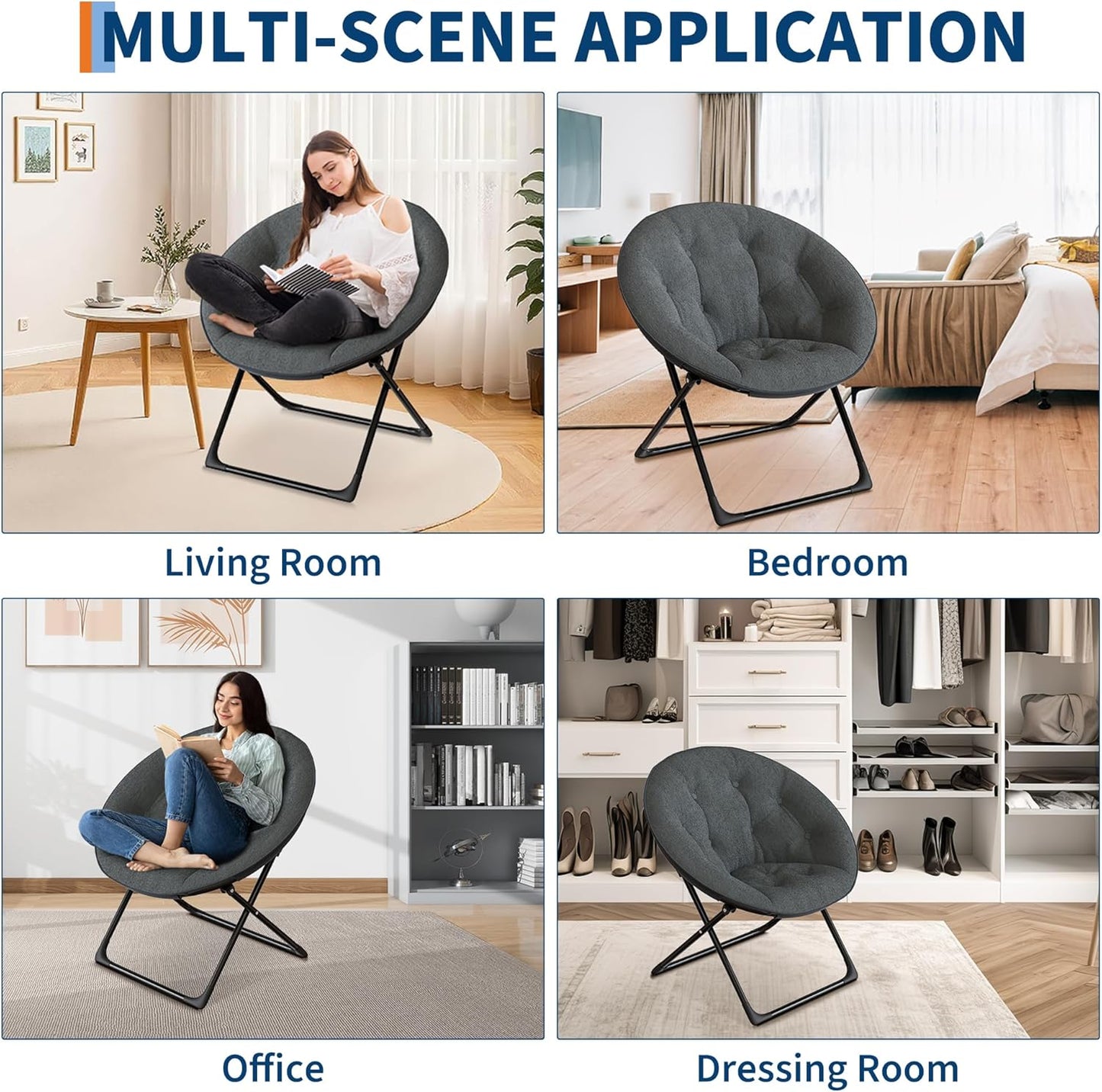 Saucer Chair with Faux Fur Cover - Foldable Moon Chair for Teens & Adults, Large Circle Seat Perfect for Bedroom, Living Room & Playroom, Soft Gaming Chair for Compact Spaces, Gray