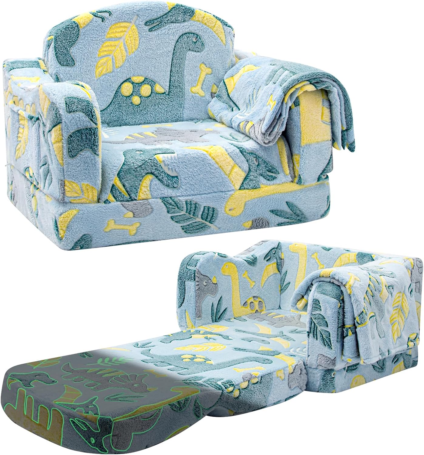 Comfy Toddler Chair and Couch for Kids with Blanket,2-in-1 Soft Plush Fold Out Toddler Couch for Girls and Boys,Convertible Sofa to Lounger for Playroom,Glowing Dinosaur