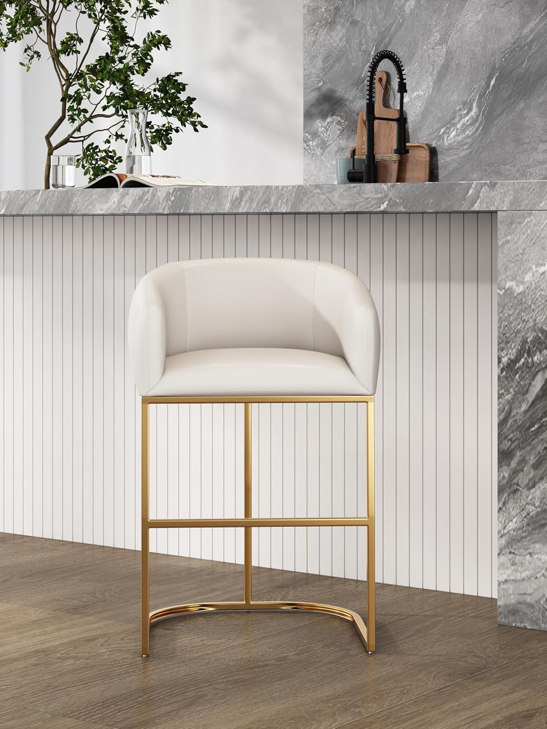 Manhattan Comfort Louvre 26 Inch Mid Century Modern Counter Height Bar Stools - Elegant Faux Leather Padded Seat, Stainless Steel Base with Footrest, Fully Assembled Barstools, Set of 1, Cream