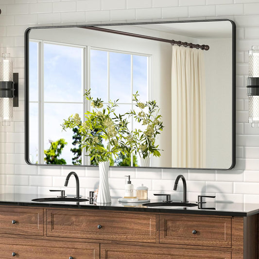 TETOTE Black Vanity Mirror 48 x 30 Matte Black Bathroom Mirrors, Tempered Glass, Modern Farmhouse Wall Mounted Mirror for Decorative(Horizontal/Vertical)