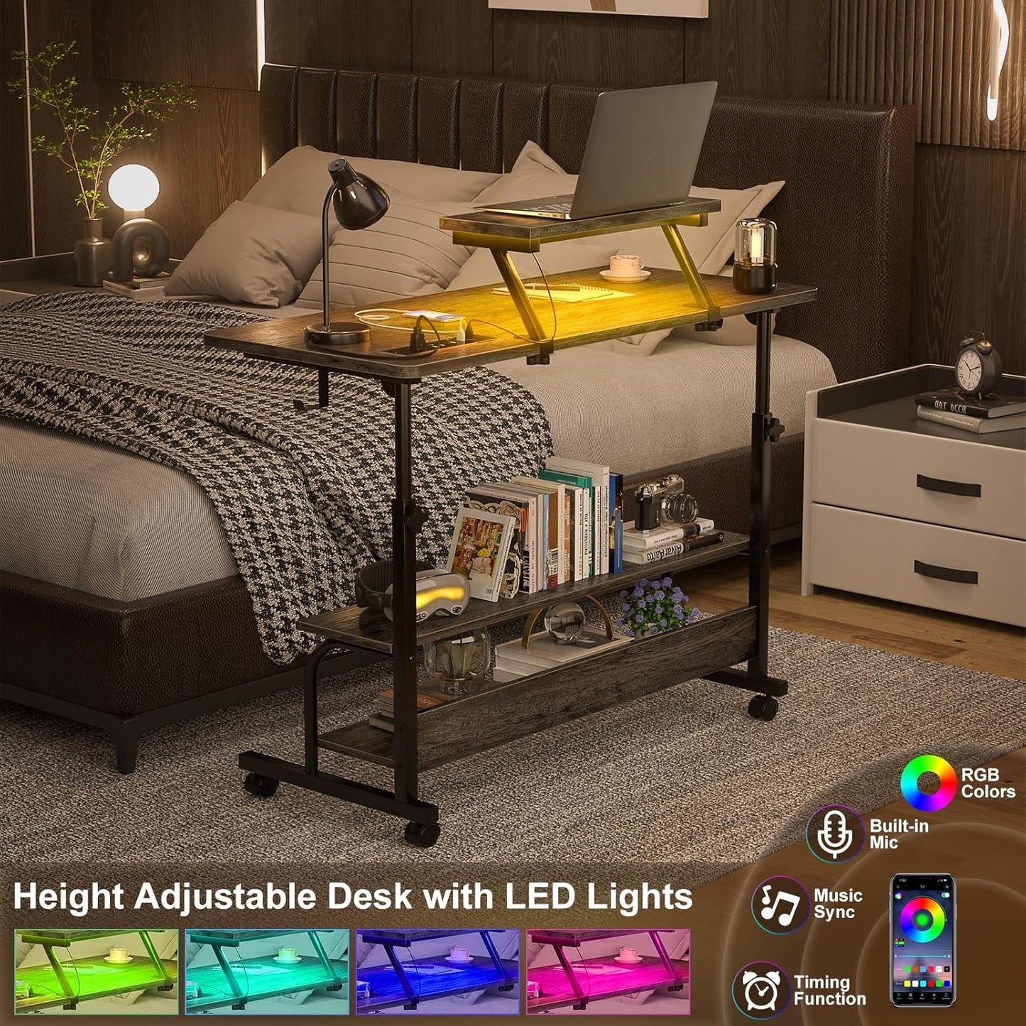 Height Adjustable Standing Desk with Power Outlets and LED Lights - 39" Manual Stand Up Desk with Monitor Stand and Storage Shelves Small Mobile Rolling Computer Desk Portable Laptop Table, Grey Oak