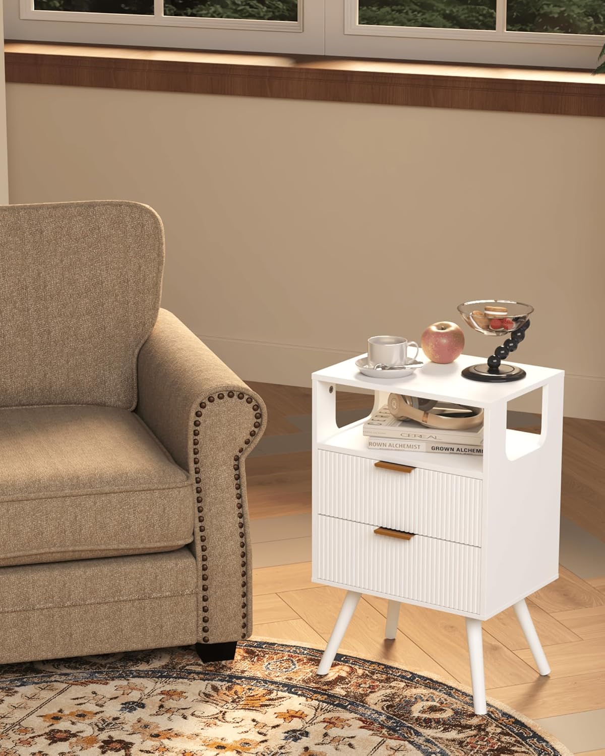 White Nightstand, Modern Bedside Table with 2 Storage Drawer and Open Wood Shelf, for Bedroom and Small Spaces, Night Stand with Solid Wood Legs