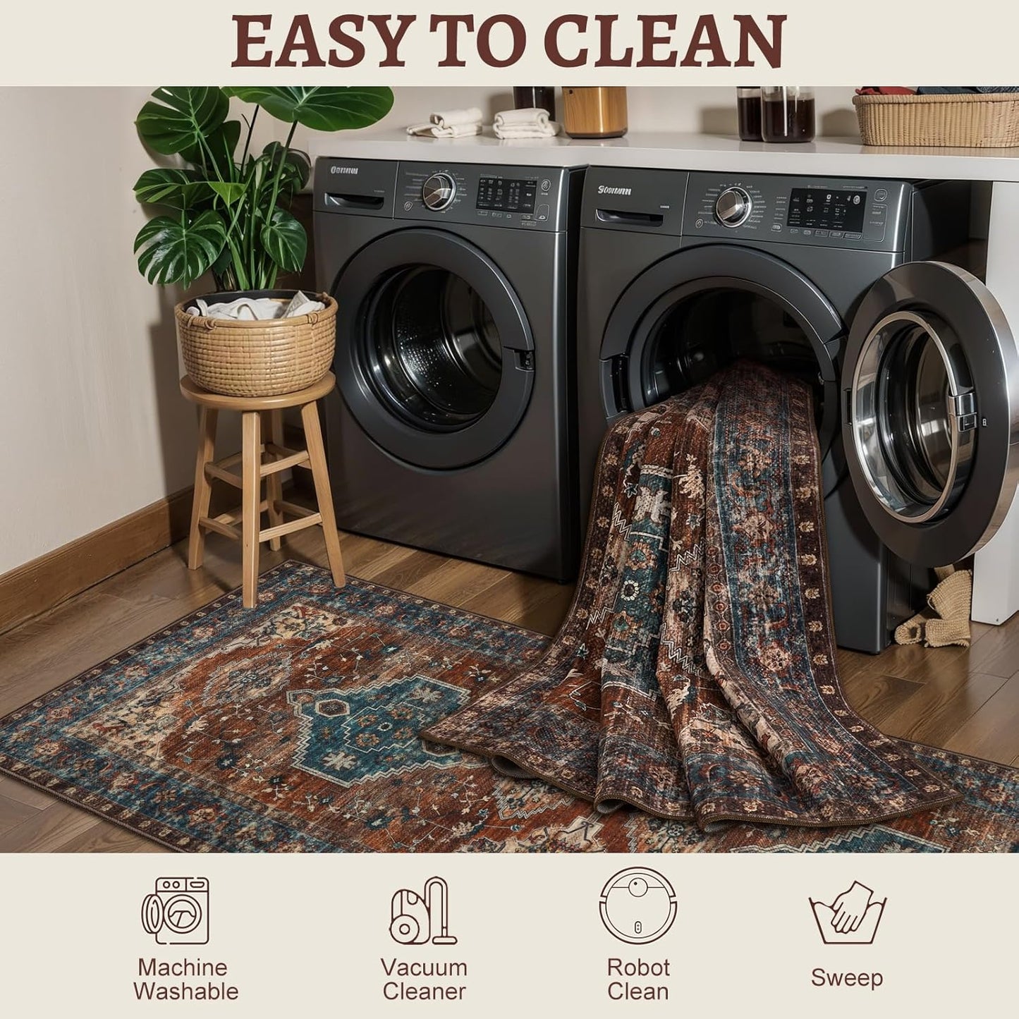 Tangsoo 5x7 Area Rug Washable Rug for Living Room, Vintage Indoor Non Slip Large Area Rugs, Print Distressed Rust Carpet, Soft Low Pile Foldable Floor Rug for Bedroom Dining Room Dorm