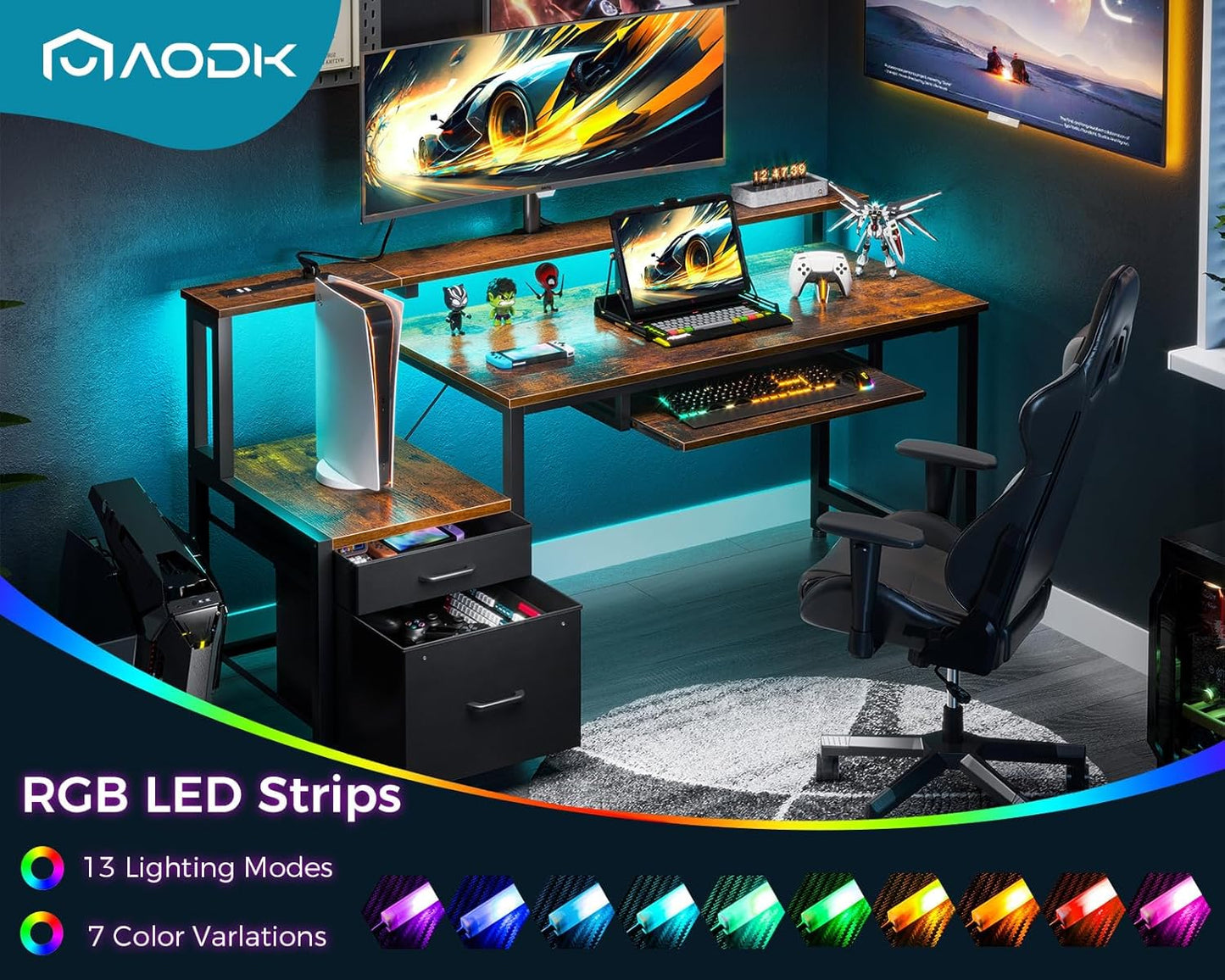 AODK Computer Desk with Drawers and Keyboard Tray, 48" Office Desk with Power Outlet and LED Lights, Reversible Study Work Desk with Printer Shelf and PC Stand for Home Office, Vintage