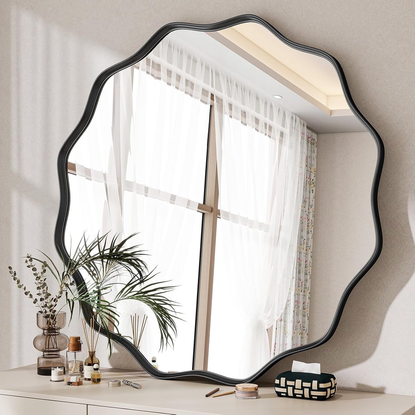 Round Wavy Mirror, 30 Inch Metal Frame Circle Mirror, Round Wall Mounted for Entryway, Bathroom, Vanity, Living Room, Black