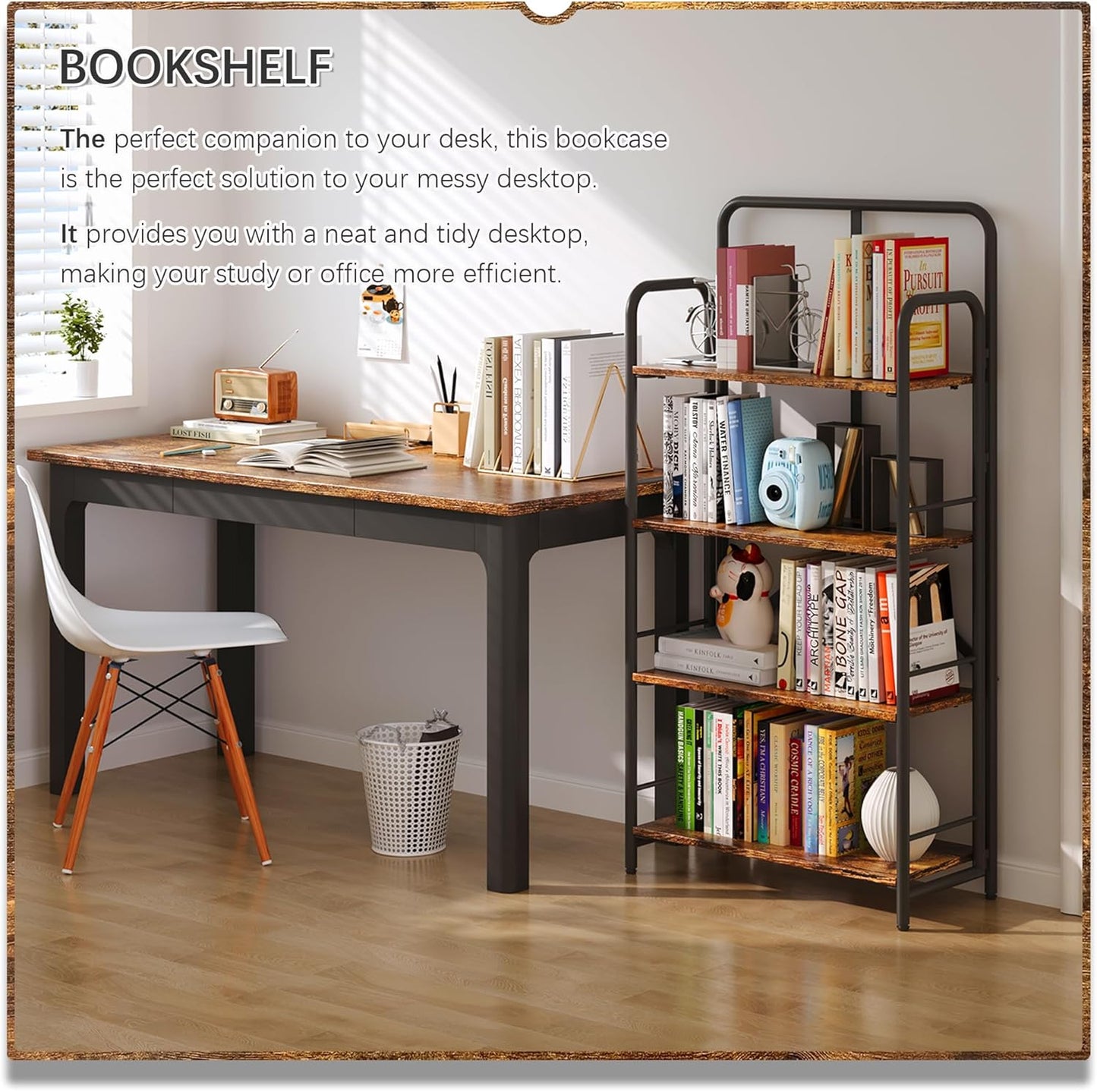 4NM No Assembly Folding Bookshelf 4 Tiers Vintage Industrial Black Book Shelf Metal Foldable Storage Bookcase and Bookshelves for Living Room,Bedroom and Kitchen - Rustic Brown