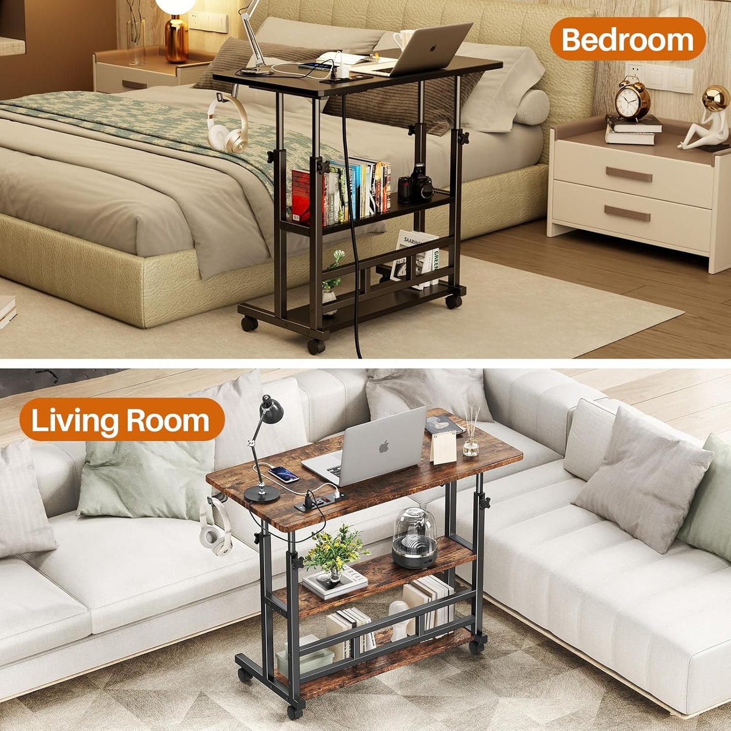 Adjustable Height Standing Desk with Power Outlets, Rolling Stand Up Desk with Storage Shelves, 31.5" Small Mobile Computer Desk, Portable Laptop Table (Brown)