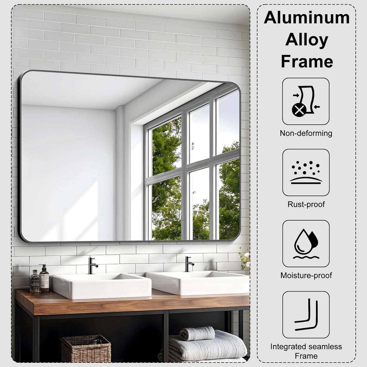 KOCUUY 36"x48" Large Rectangle Vanity Mirror, Black Metal Frame Mirror with Rounded Corner, Modern Design of Upgraded Shatterproof Glass for Bathroom, Bedroom, Living Room, Entryway