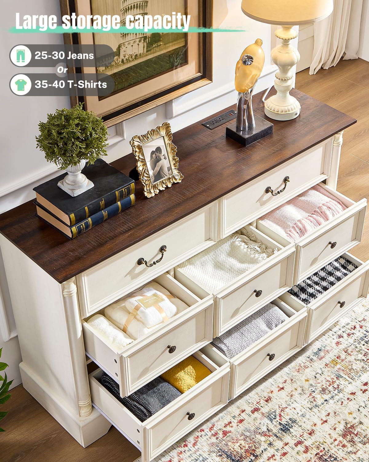 Farmhouse 8 Drawers Dresser for Bedroom with Charging Station, 54" Wide Wood Country Rustic Storage Dressers Organizer, Vintage Design Chest of Drawers TV Stand, Antique White