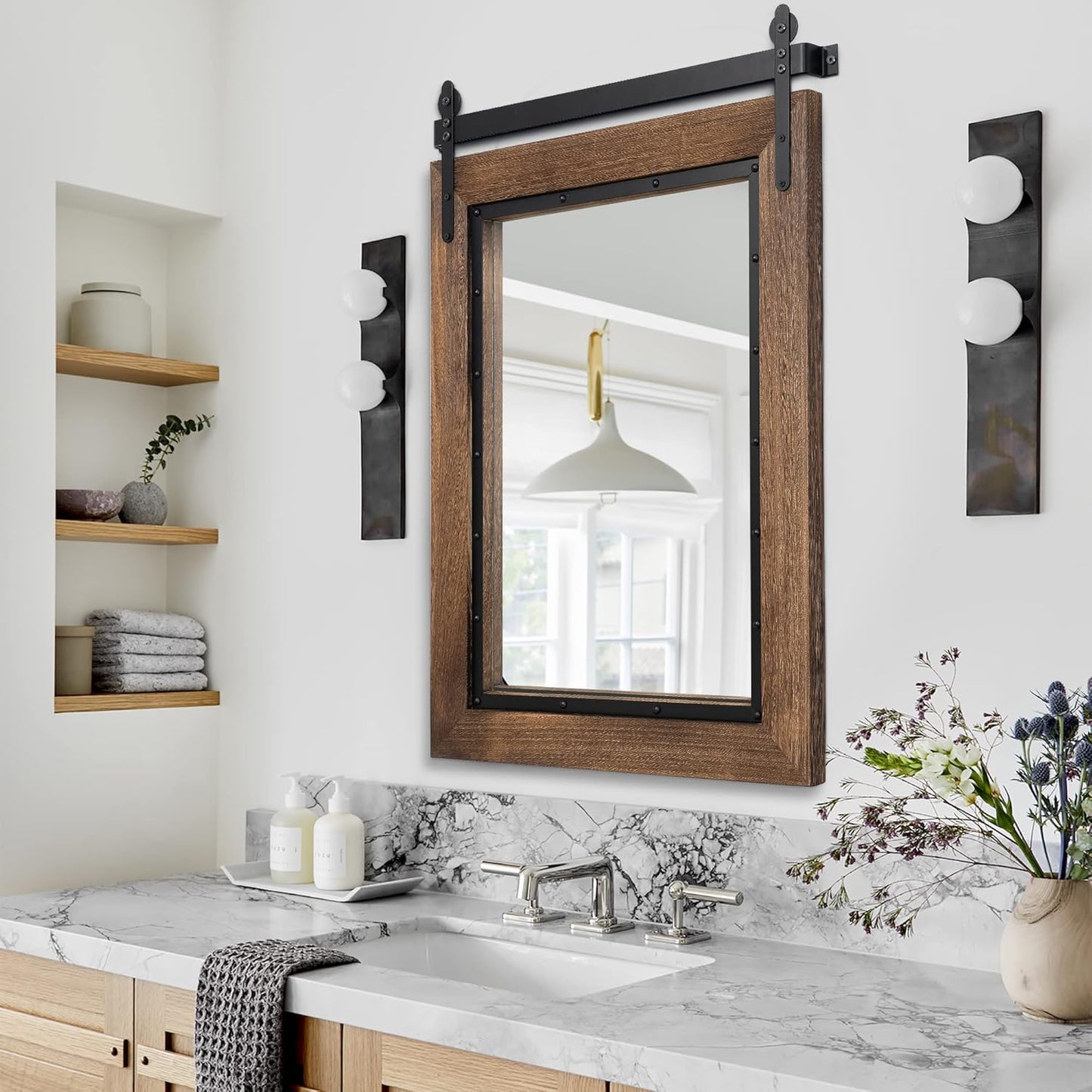 YOSHOOT Farmhouse Barn Door Mirror, 32"x24" Rustic Bathroom Mirror, Wood Frame Wall Mirror, Wooden Mirror for Living Room Bedroom Entryway Wall Décor, Vertical Hanging ONLY