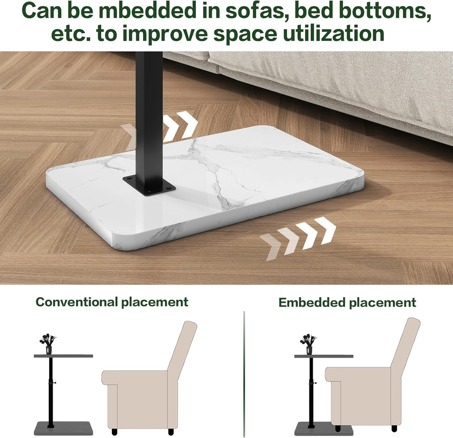 IBUYKE Tray Table for Couch, 360° Swivel Height Adjustable End Table for Small Spaces, with Phone & Tablet Slot, Modern Small Coffee Snack Table for Sofa/Bed, White with Black UTVT003BW