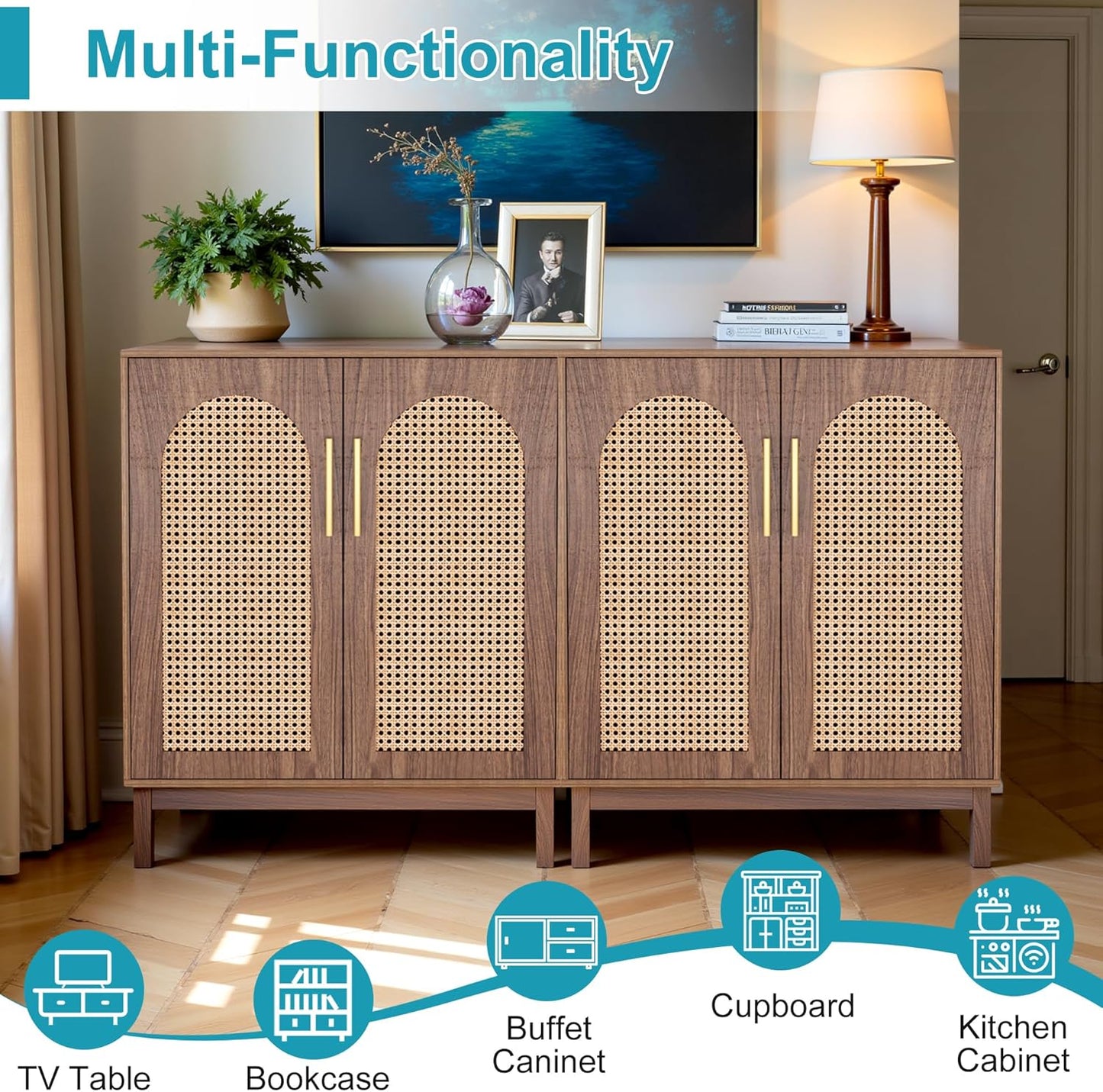 59" Sideboard Buffet Cabinet with Storage, Rattan Kitchen Buffet Storage Cabinet Set of 2, Modern Sideboard with Doors & Shelves for Living Room, Kitchen, Hallway, Dark Brown