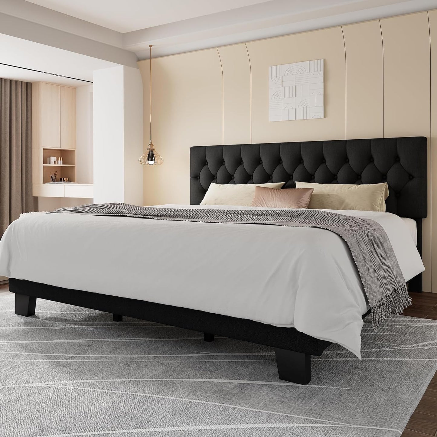 Feonase King Size Platform Bed Frame, Upholstered Bed with Button Tufted Headboard, Heavy Duty Wooden Slats & Thickened Feet, No Box Spring Needed, Noise-Free, Easy Assembly, Black