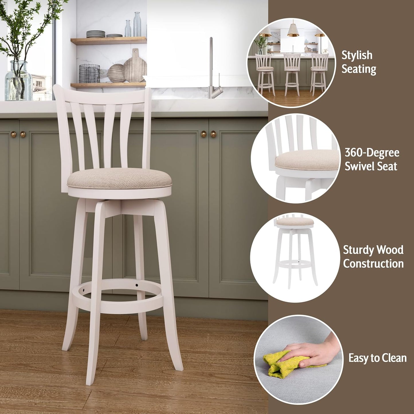 Hillsdale 29.5" Savana Wood Swival Bar Height Stool, White